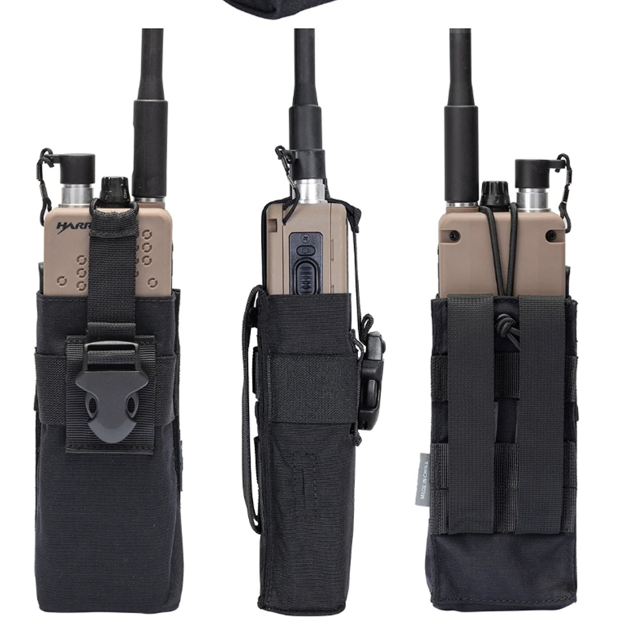This pouch has been tailor-made to house your in-service Harris 152/148 radio, enabling you to access its screen and control panel with ease and speed. No longer will you need to take out the radio to change settings black colour different views www.moralepatches.com.au
