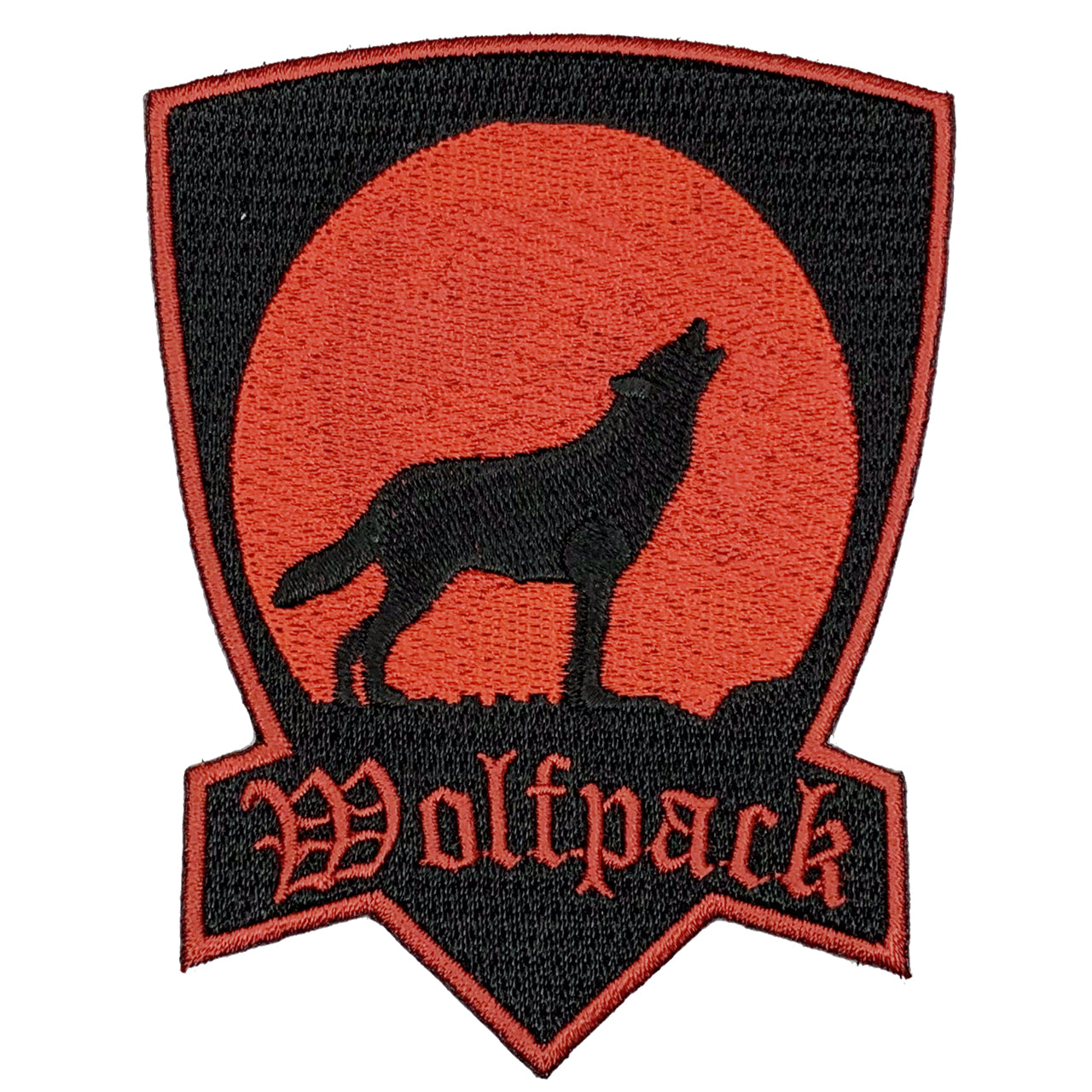 Wolfpack Iron On Patch Red with Howling Moon. Great for attaching to your jackets, shirts, pants, jeans, hats. Size: 7.6x10.1cm www.moralepatches.com.au