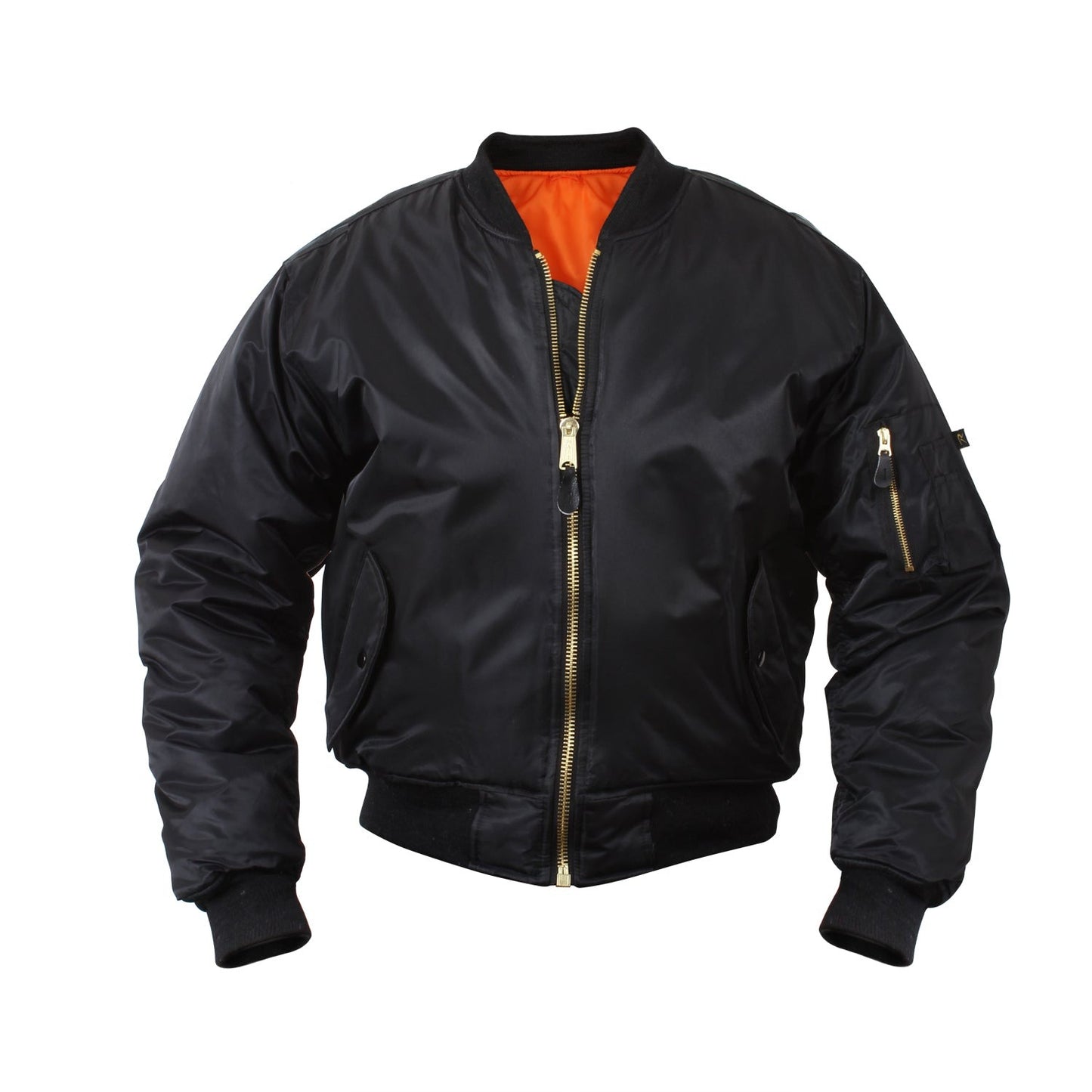 Luxurious Air Force MA-1 Flight Jacket combines classic bomber-style with modern practicality - including a fully reversible rescue orange polyester lining, a 100% nylon water repellent outer shell, and Poly Fiberfill for extra warmth. www.moralepatches.com.au front view