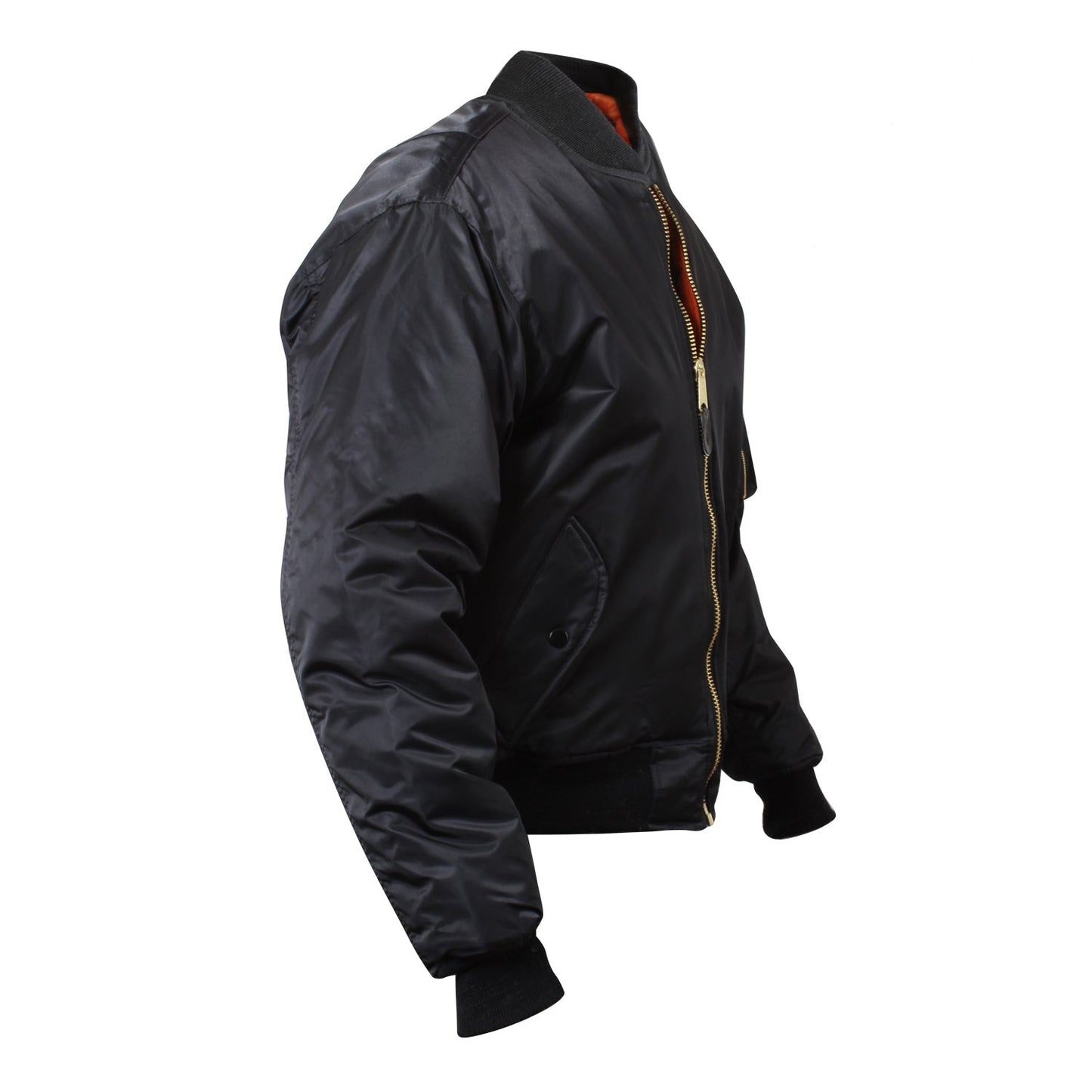 Luxurious Air Force MA-1 Flight Jacket combines classic bomber-style with modern practicality - including a fully reversible rescue orange polyester lining, a 100% nylon water repellent outer shell, and Poly Fiberfill for extra warmth. www.moralepatches.com.au side view