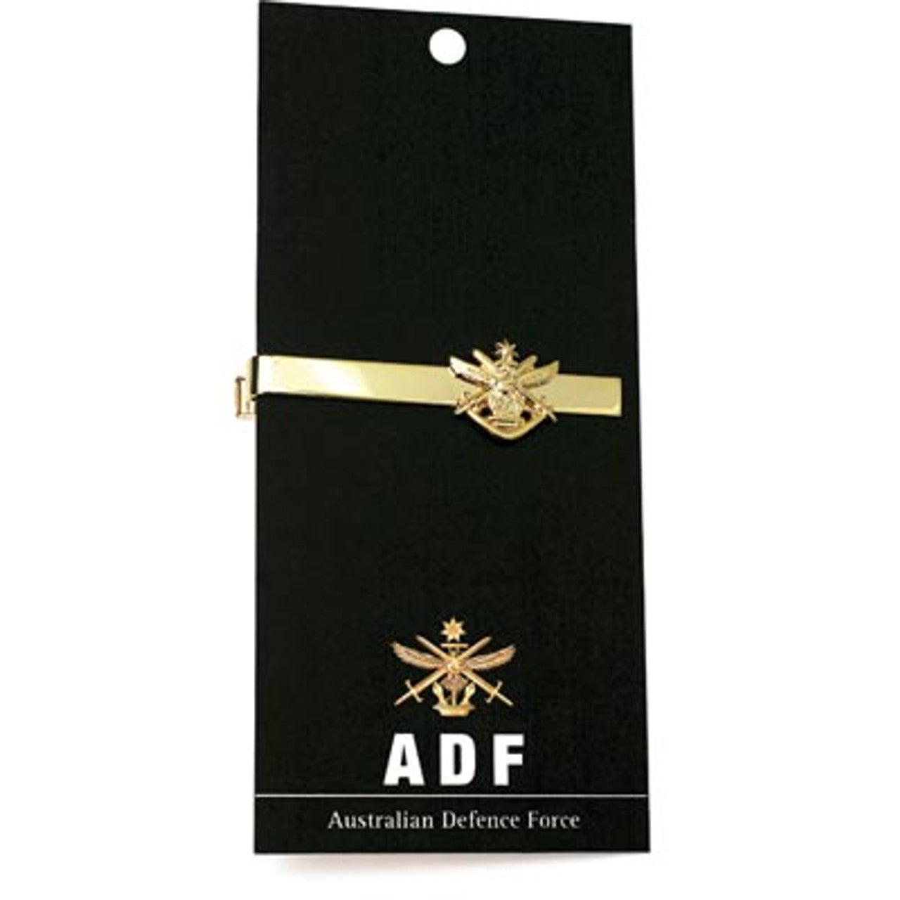 Australian Defence Force (ADF) 20mm cut out tie bar. Displayed on a presentation card with a brief history of the ADF. This beautiful gold plated tie bar looks great on both work and formal wear. www.moralepatches.com.au
