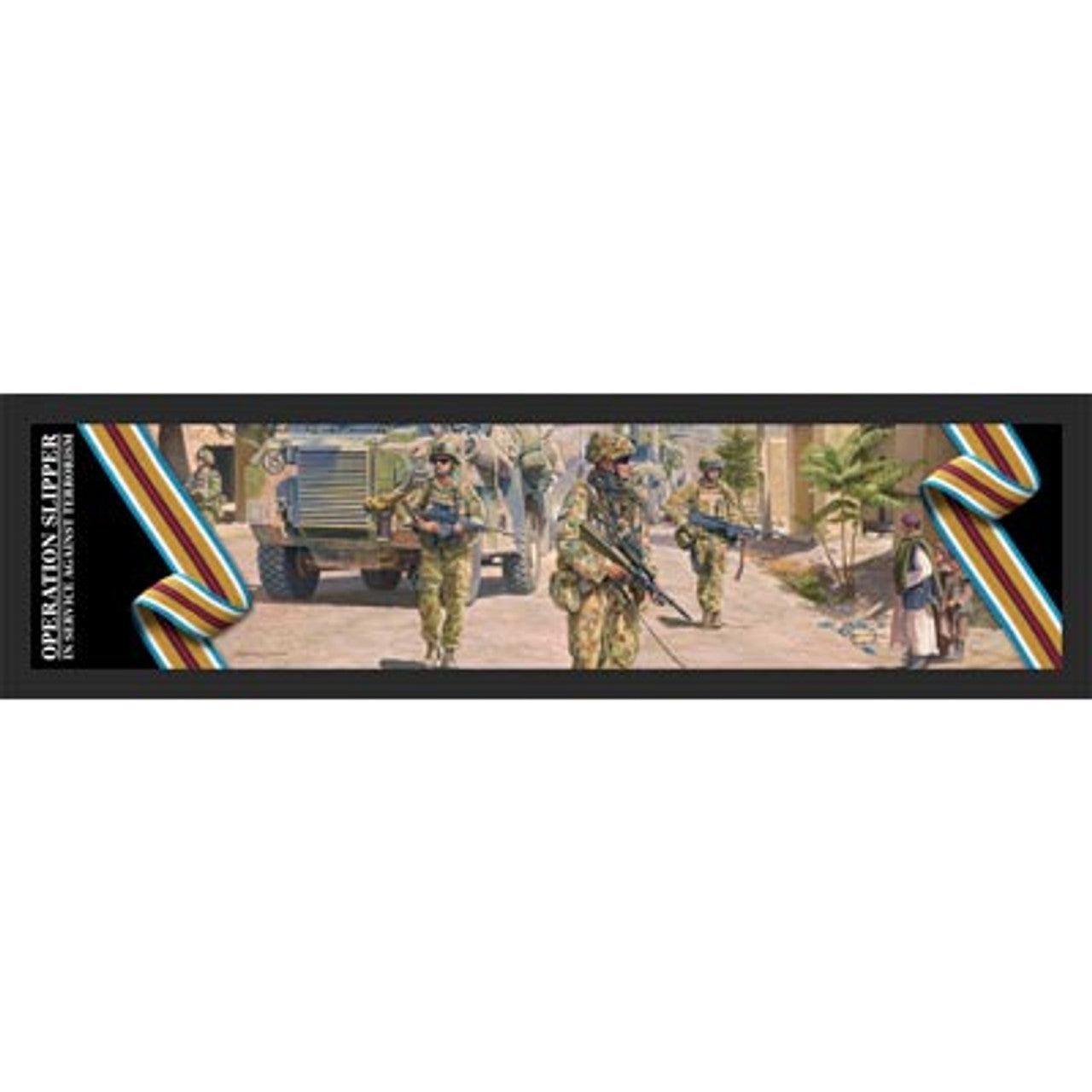 Introducing the exceptional Afghanistan Campaign Artwork Bar Runner. This bar runner showcases the captivating story of a village patrol, as depicted in military artist Barry Spicer's 2013 oil on canvas, 'Operation Slipper - In Service Against Terrorism'. www.moralepatches.com.au