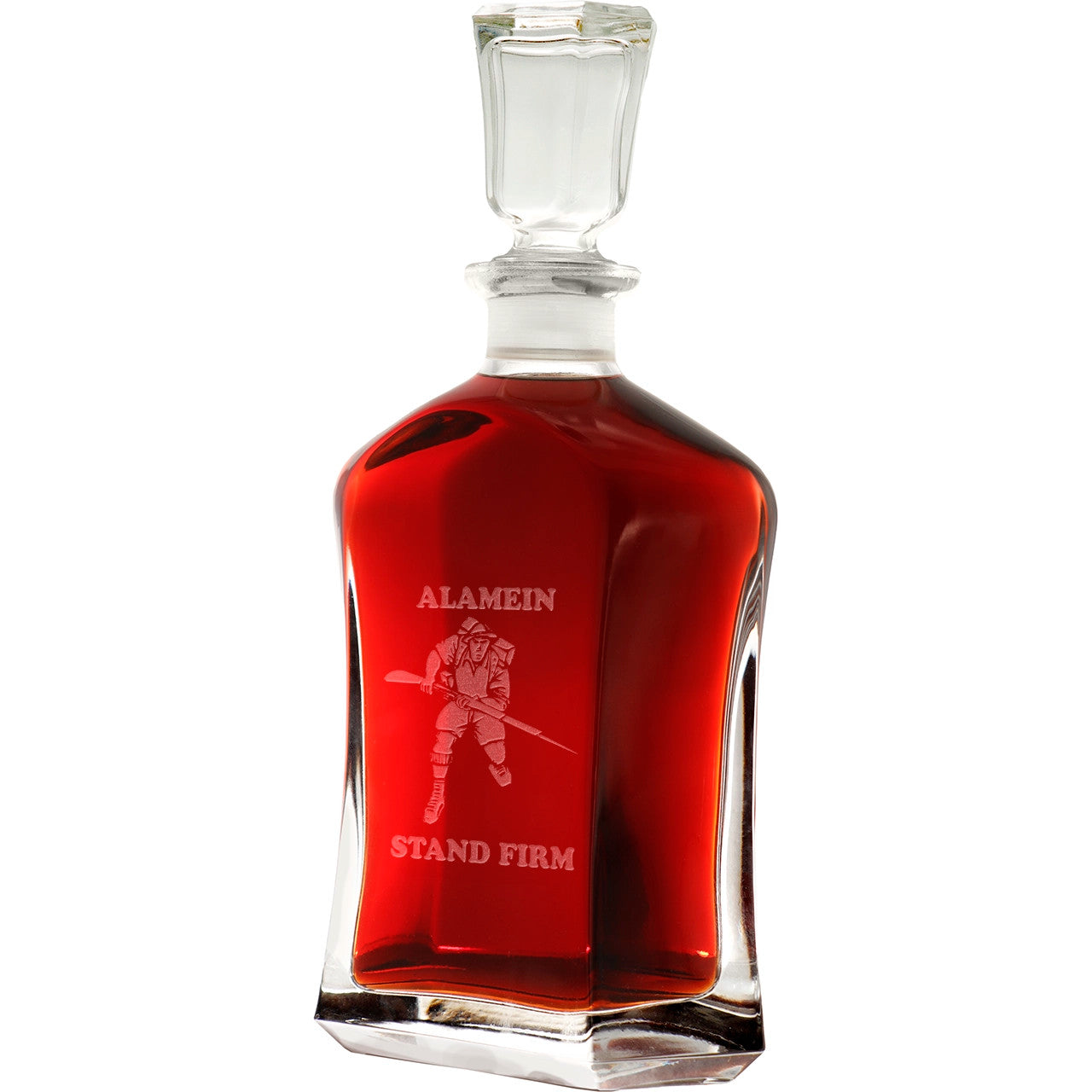 Bring your dining experience to life with the Alamein Company Italian Glass Decanter. This elegant, 750ml decanter proudly displays the company crest, etched with precision onto the sleek glass surface. Perfect for gifting or displaying in your own cabinet or bar, this decanter is a must-have for any wine or spirit enthusiast. Enhance your evening with the beauty and quality of this stunning piece. www.moralepatches.com.au