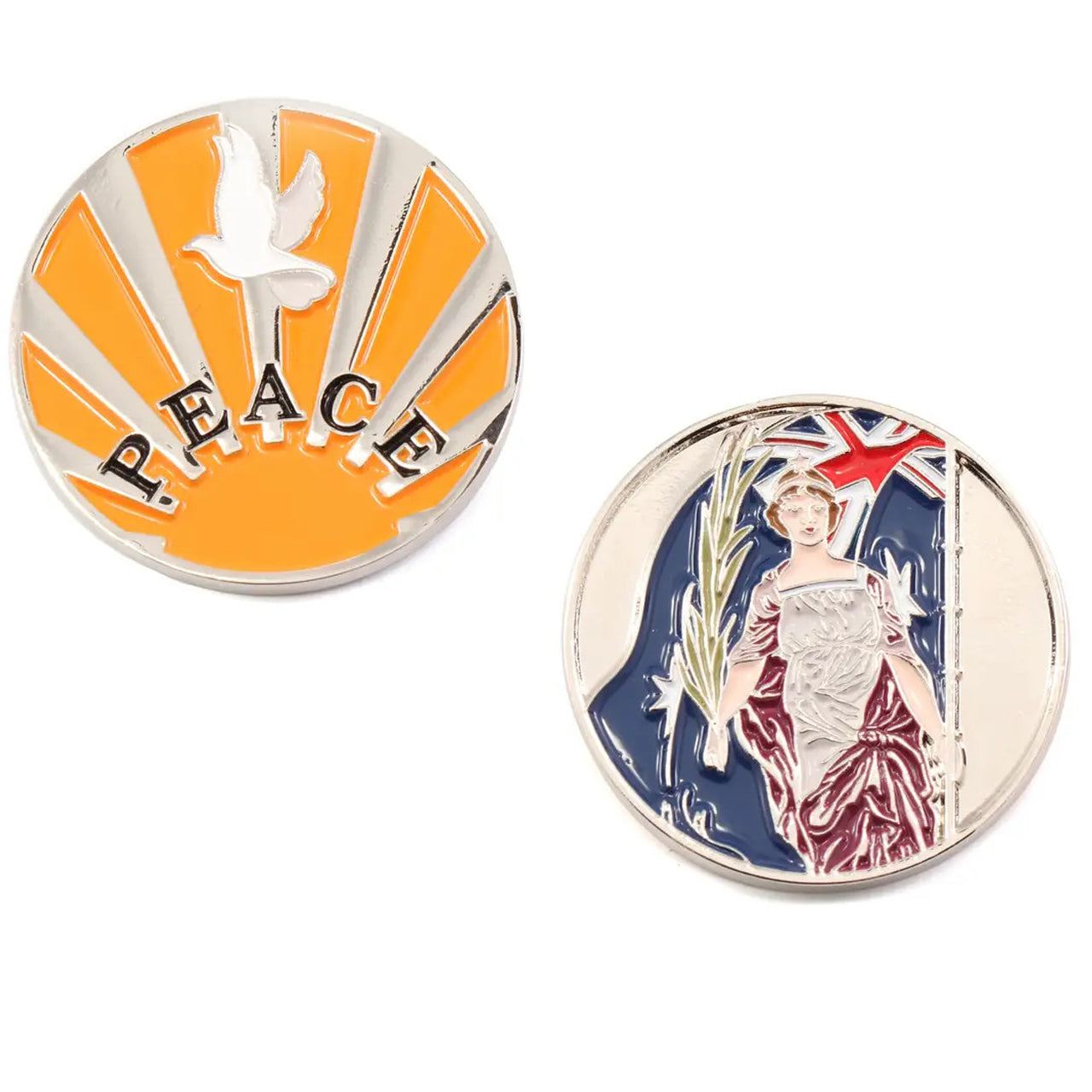 Add this vibrantly coloured silver-finish penny to your collection and pay tribute to the service and sacrifice of our heroic servicemen and women. This beautifully crafted penny features a solitary figure, our national flag, and a rosemary branch, symbolising healing and the start of a nation's journey to rebuild after the battle. www.moralepatches.com.au