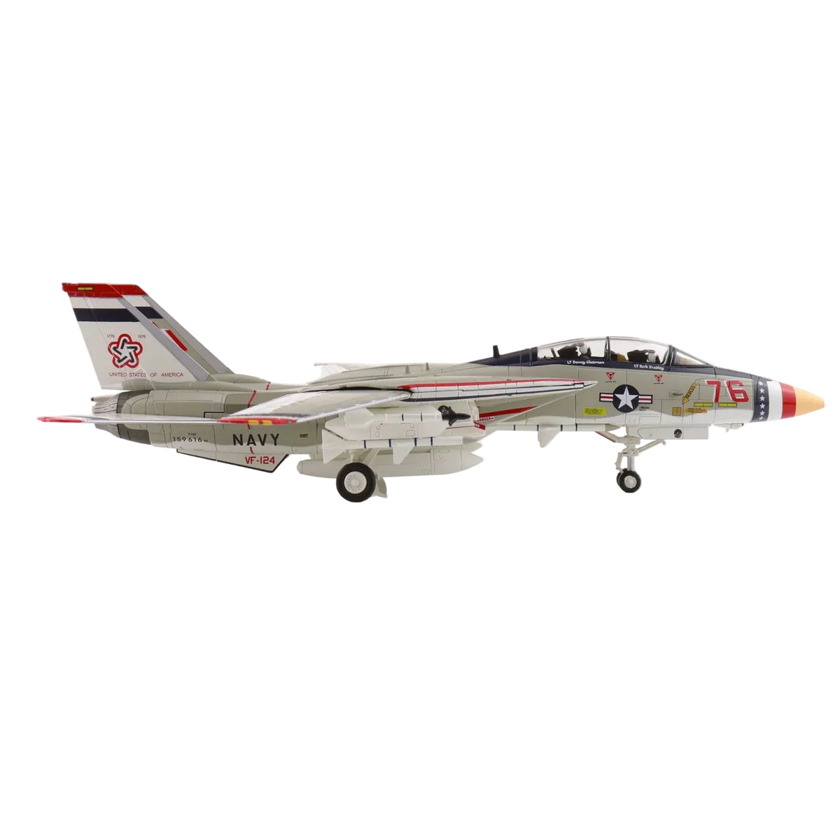 Own a stunning piece of US Navy history with the 1/72 F-14A Tomcat "Bicentennial Scheme," Bureau Number 159616, as flown by VF-124 in 1976. This meticulously crafted diecast model showcases the iconic F-14 adorned with a vibrant red, white, and blue livery commemorating America's 200th birthday. www.moralepatches.com.au