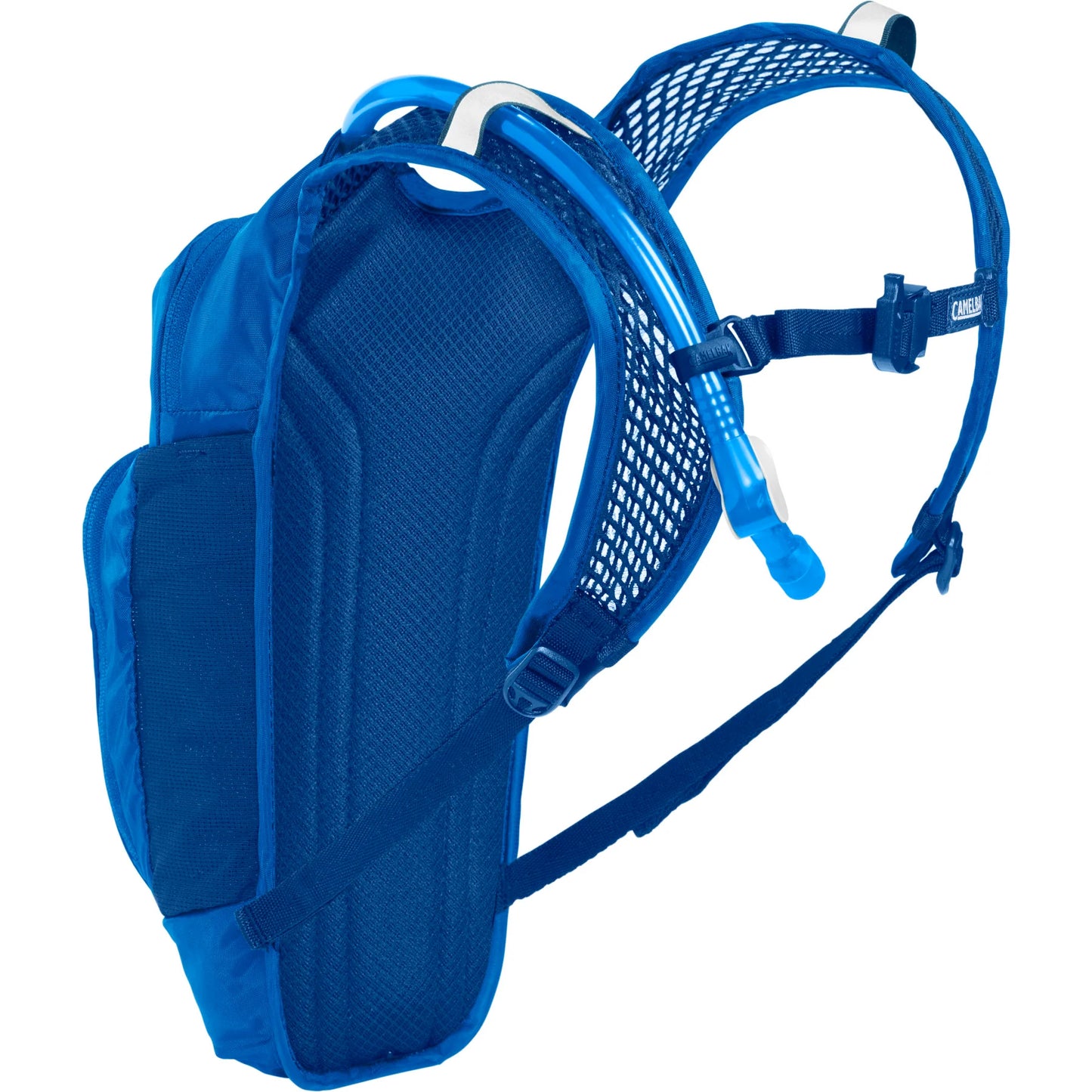 This kids pack has grownup features—1.5L of water, a bike tool organizer pocket, and zippered compartments for layers and essentials— in a package that fits younger explorers. We’ve also added reflective strips and a safety whistle to make kids easy to spot on the trail. www.moralepatches.com.au blue back