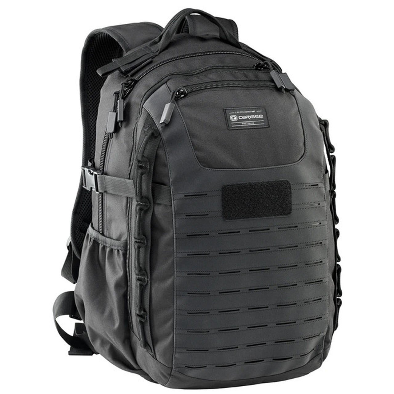 Volume: 35L/50 x 32 x 24cm Military inspired multi-compartment 35L daypack Action Back Extreme padded harness system Sternum strap & removable webbing hip belt for improved pack stability Hydration Ready – just add 2L or 3L reservoir Molle webbing attachment points Front panel HD laser cut lashing points HD webbing carry handle with hydration exit port Multiple internal storage pockets Side accessory/bottle pockets www.moralepatches.com.au