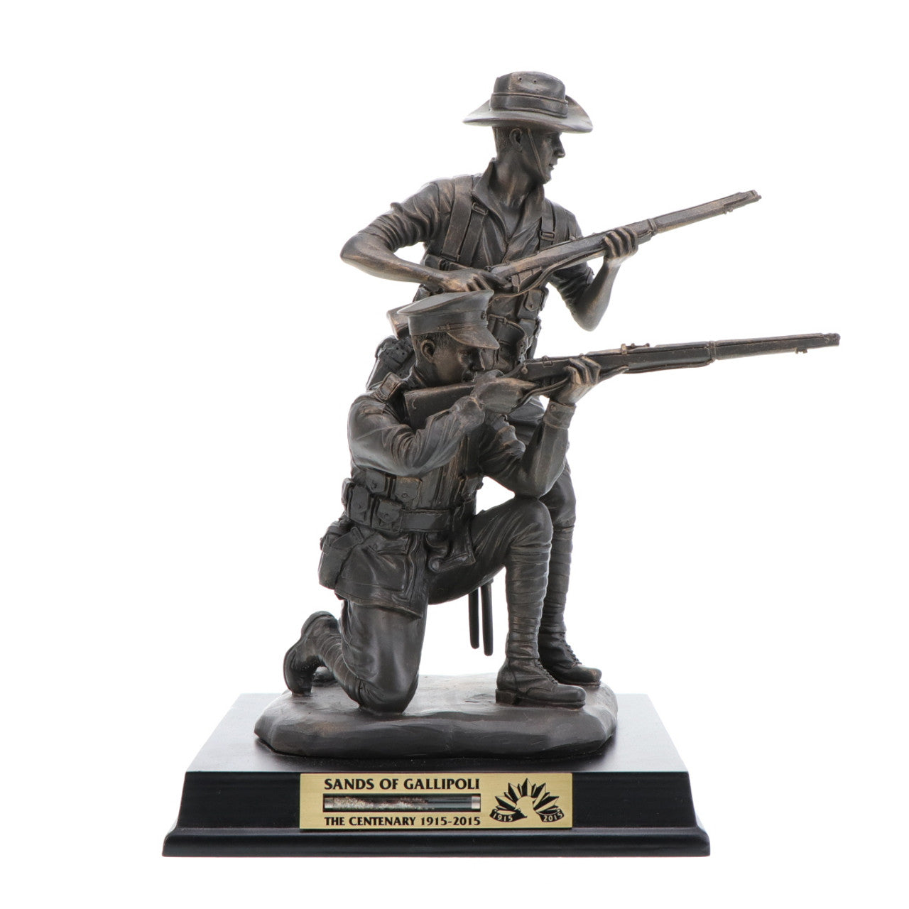 The beautiful 2015 release Sands of Gallipoli Their Spirit Gallipoli Centenary Bronze Figurine, shares the spirit of Gallipoli with this amazingly detailed Limited Edition cold cast bronze figurine. Standing 240mm with a glass vial of actual sands collected from the landing beaches at Gallipoli set into the timber base, this is an heirloom to be treasured through the ages. Only 5,000 available worldwide. www.moralepatches.com.au