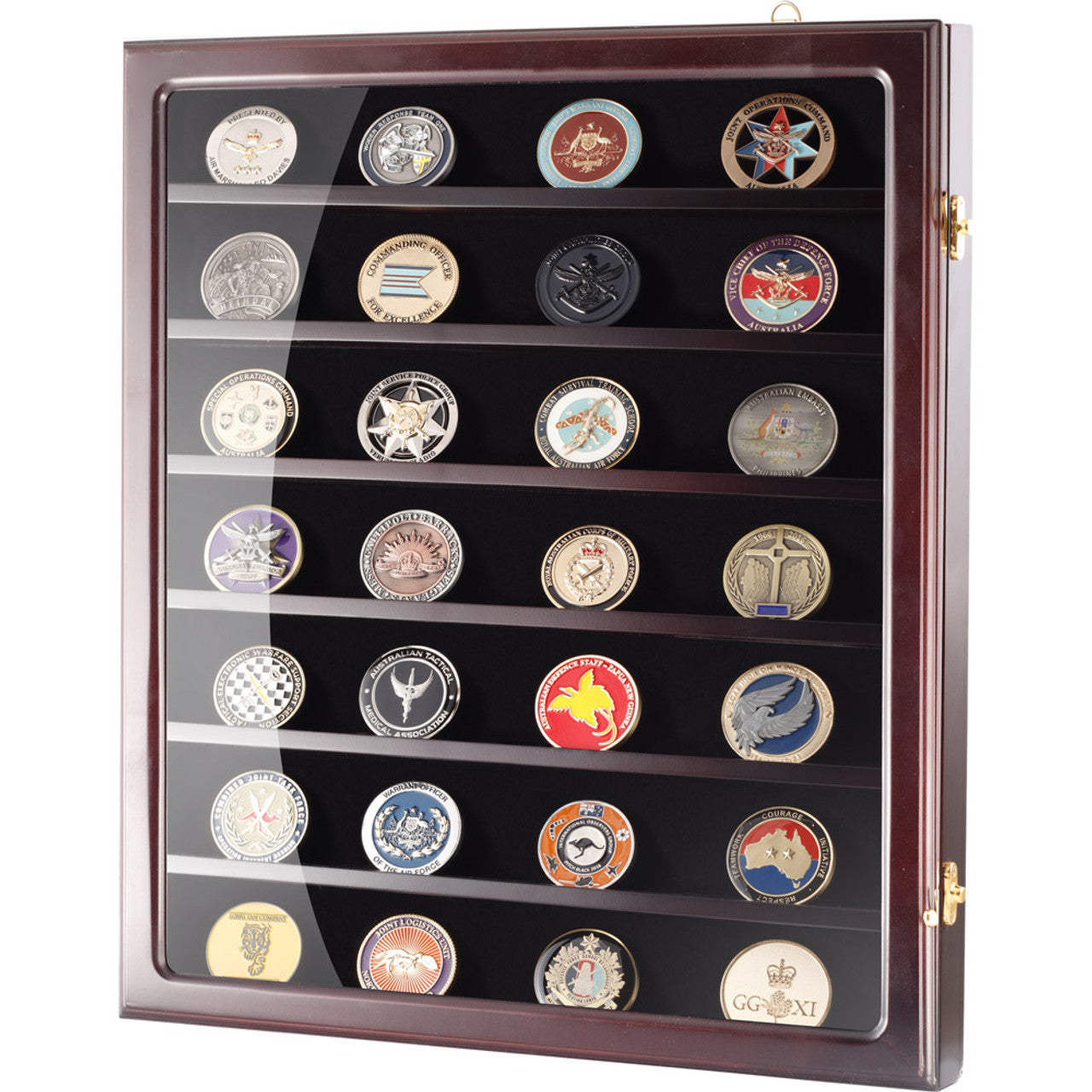 This stylish 390mm x 460mm x 55mm high gloss timber veneer Challenge Coin Display Case by Master Creations is about refined quality. There are seven velvet-backed levels to vividly showcase up to 49 coins and all fittings are finished in gold-plate. The shatter-safe hinged Perspex window will keep coins dust free and the cabinet can be wall mounted and even has a velvet backing to protect your wall surface. www.moralepatches.com.au