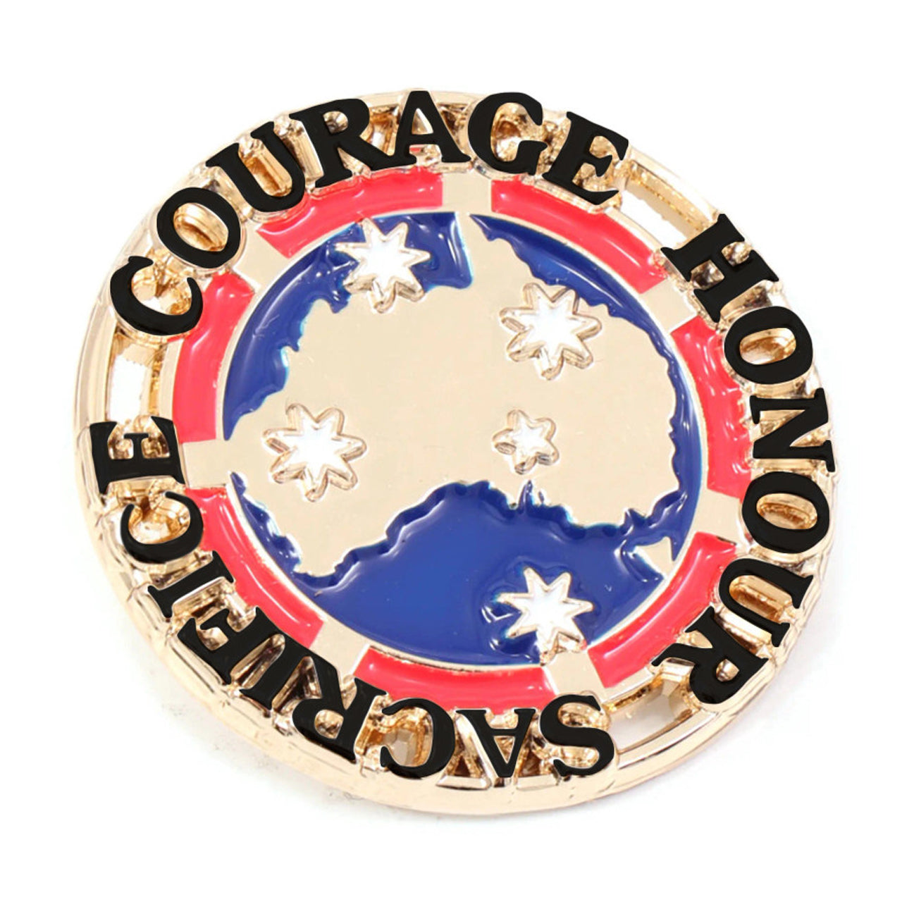 Poignant in its simplicity, this shining gold-finished pin features an outline of the map of Australia, accented by the bold colours of our national flag. The design also highlights the iconic Southern Cross, while the words COURAGE, HONOUR, SACRIFICE serve as a powerful tribute to those who have served. www.moralepatches.com.au