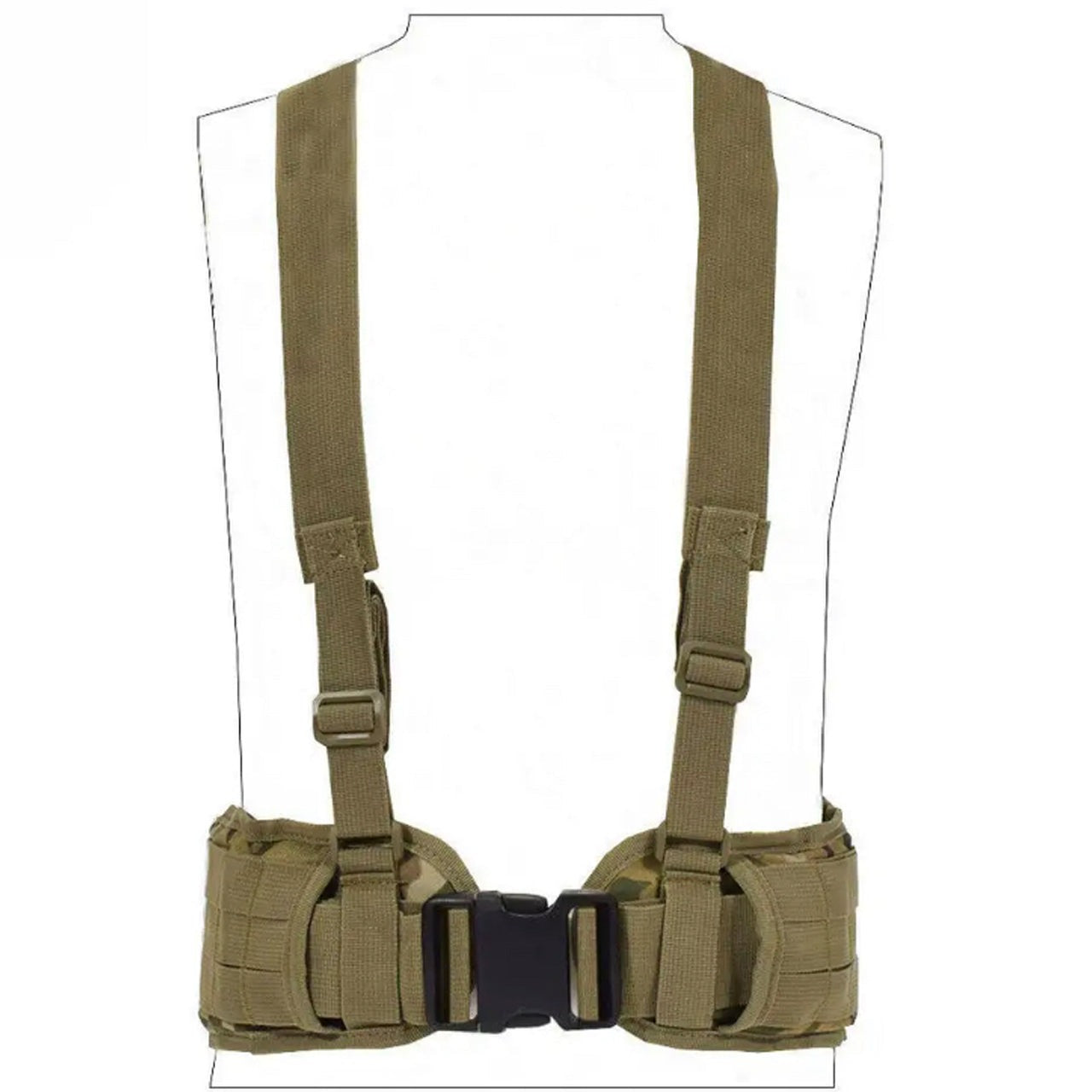 Boasting three rows of MOLLE-designed webbing straps for easy pouch attachment, the Cross Harness Platform is a lightweight, low-profile option with adjustable waist straps (34-64 inches) and easy-release, high-quality buckles. www.moralepatches.com.au colour multicam front view
