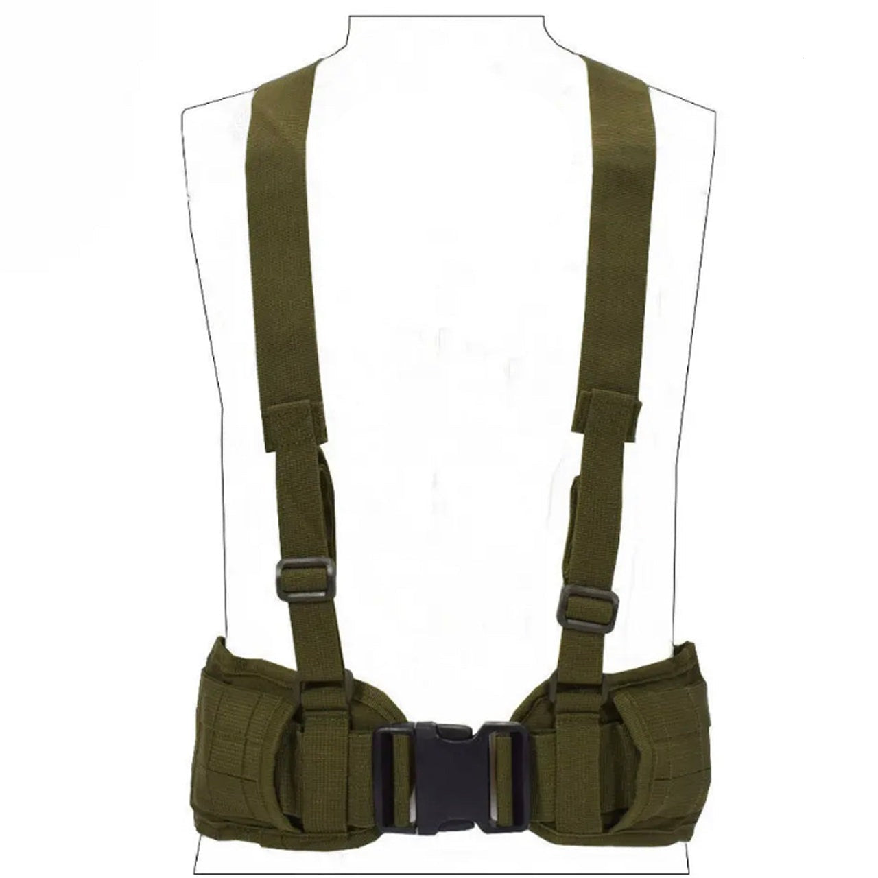 Boasting three rows of MOLLE-designed webbing straps for easy pouch attachment, the Cross Harness Platform is a lightweight, low-profile option with adjustable waist straps (34-64 inches) and easy-release, high-quality buckles. www.moralepatches.com.au colour OD Green front view