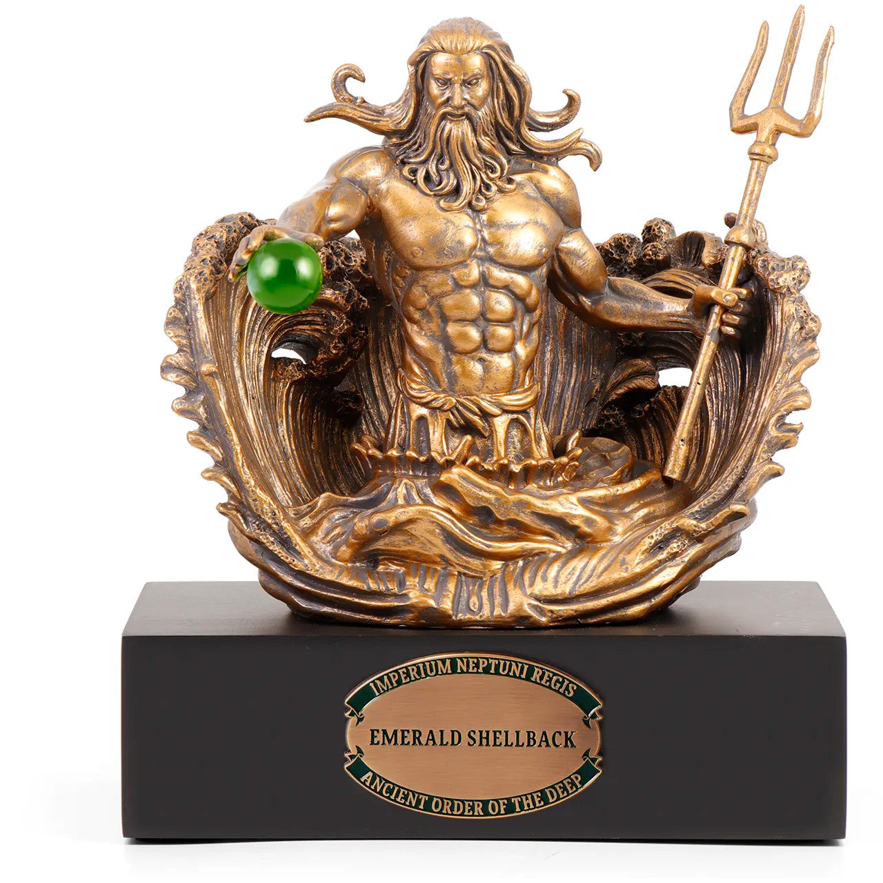 Crafted from cold cast bronze and adorned in antique gold, it pays homage to Neptune's majestic rise from the ocean depths. An emerald green glass sphere clutched in Neptune's hand adds an exquisite touch of rarity and symbolism to this unique figurine, mounted proudly on a finely detailed timber block. www.moralepatches.com.au