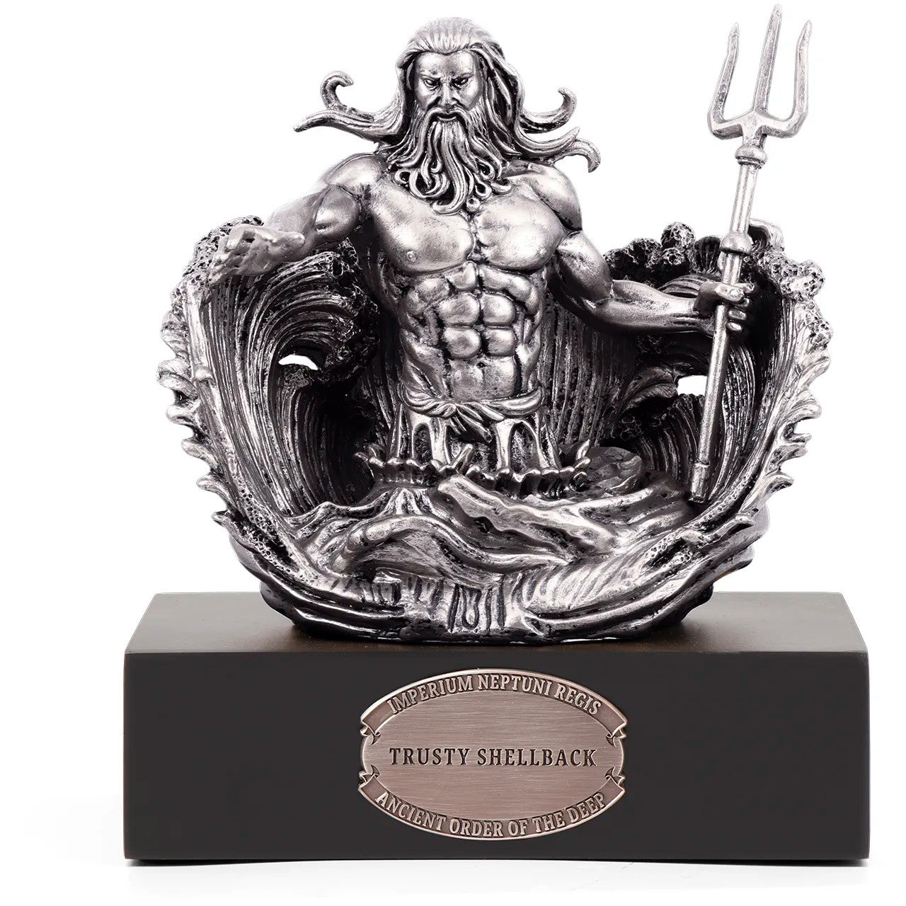 Standing at a commanding 150mm, it is a masterpiece crafted from cold cast bronze, elegantly finished in antique silver. At its heart, a magnificent three-dimensional sculpture of Neptune himself rises from the depths of the ocean, forever immortalized in silver, while perched atop a finely crafted timber block. www.moralepatches.com.au