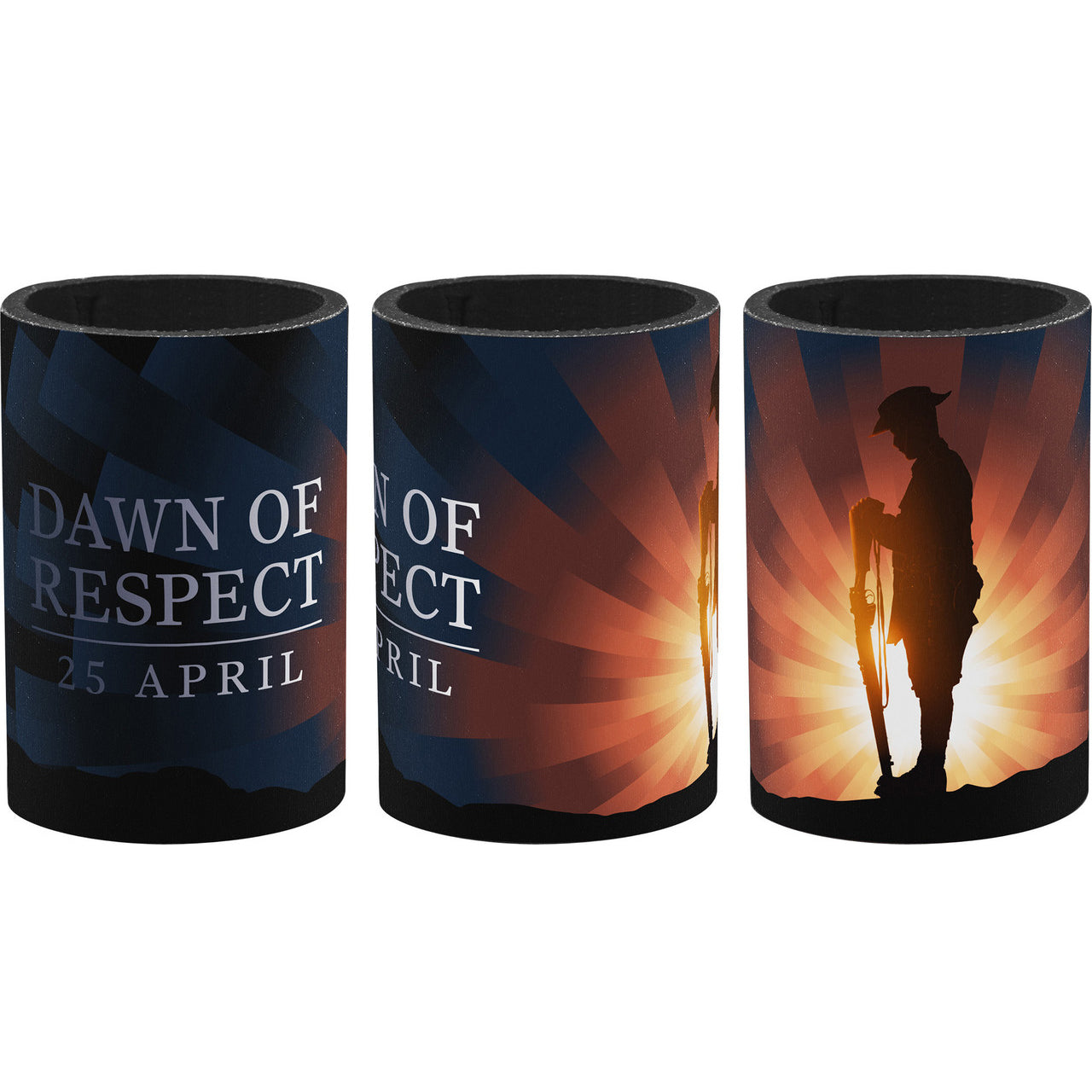 A beautiful commemorative cooler with vibrant colours and stunning artwork. An eye-catching cooler, perfect for keeping your drinks cold. This fantastic 5mm neoprene cooler features a soldier resting at reversed arms in front of the rising sun. www.moralepatches.com.au