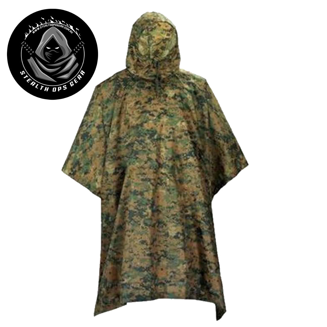 Made from polyester with a camouflage design, this versatile poncho offers both durability and style. It includes a handy stuff bag for easy carrying, and grommets on all corners provide secure attachment options. This lightweight and compact for effortless packing. Use it as a poncho, ground sheet, or emergency shelter to suit your needs. www.moralepatches.com.au