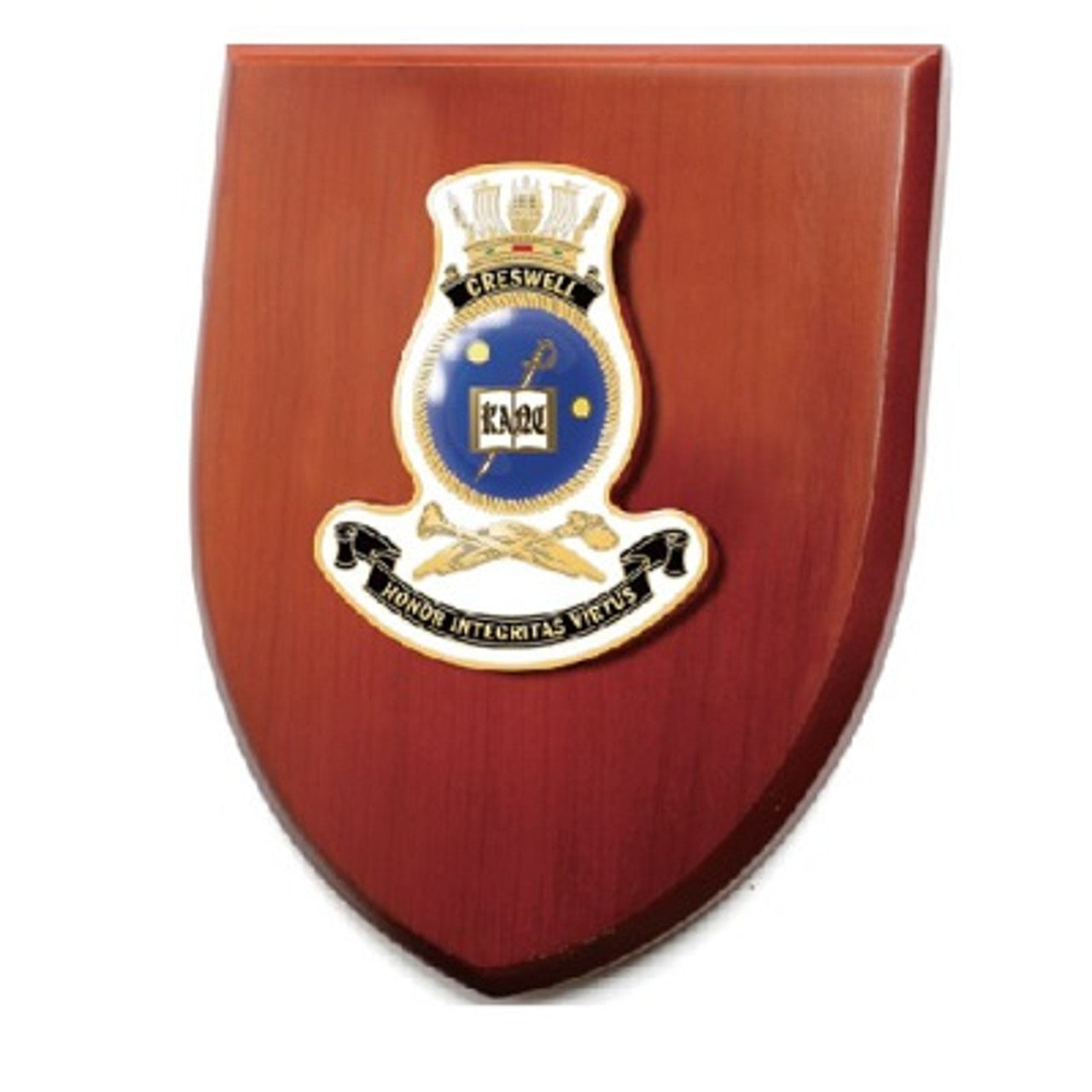The exceptional HMAS Creswell Plaque is now available for order. This stunning plaque showcases a 100mm full colour enamel crest, elegantly placed on a 200x160mm timber finish shield. www.moralepatches.com.au