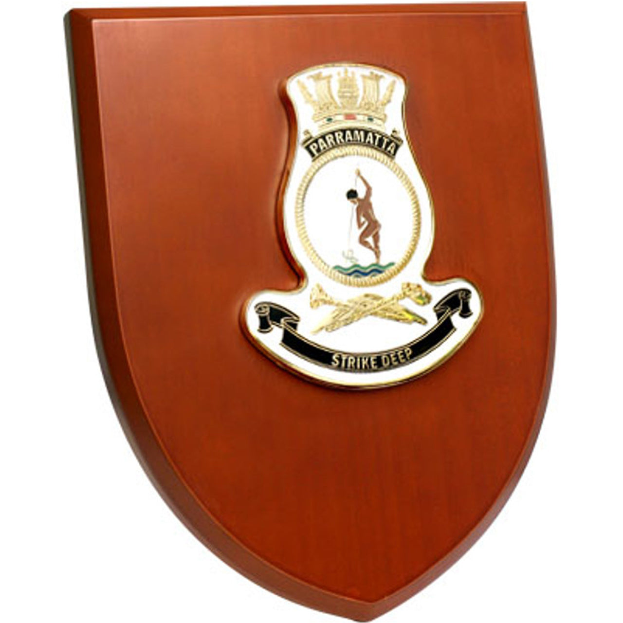 The Exceptional HMAS Parramatta Plaque is a truly remarkable piece that is sure to impress. This exquisite plaque showcases a stunning 100mm full colour enamel crest, elegantly set on a 200x160mm timber finish shield. www.moralepatches.com.au