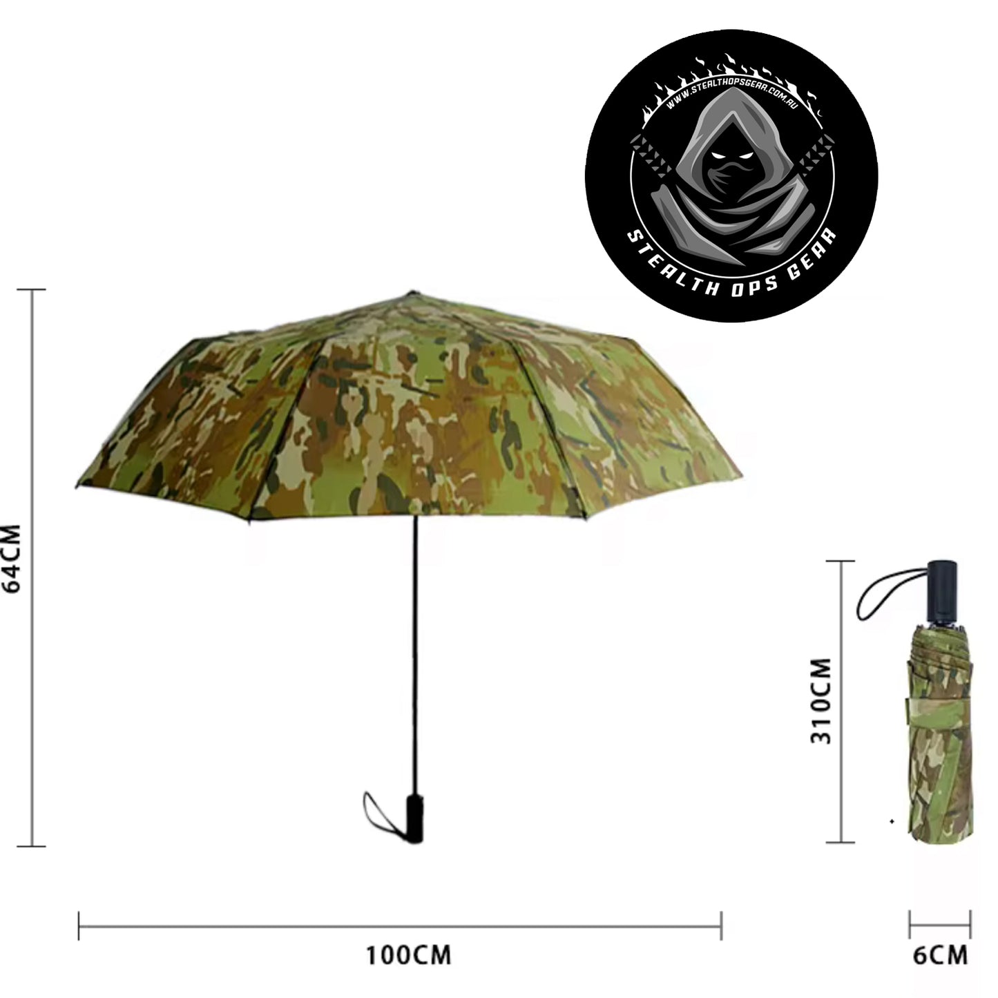The open umbrella covers a diameter of 116cm for maximum protection. Pressing the handles button will automatically open the canopy, creating a one handed, hassle free deployment. www.moralepatches.com.au