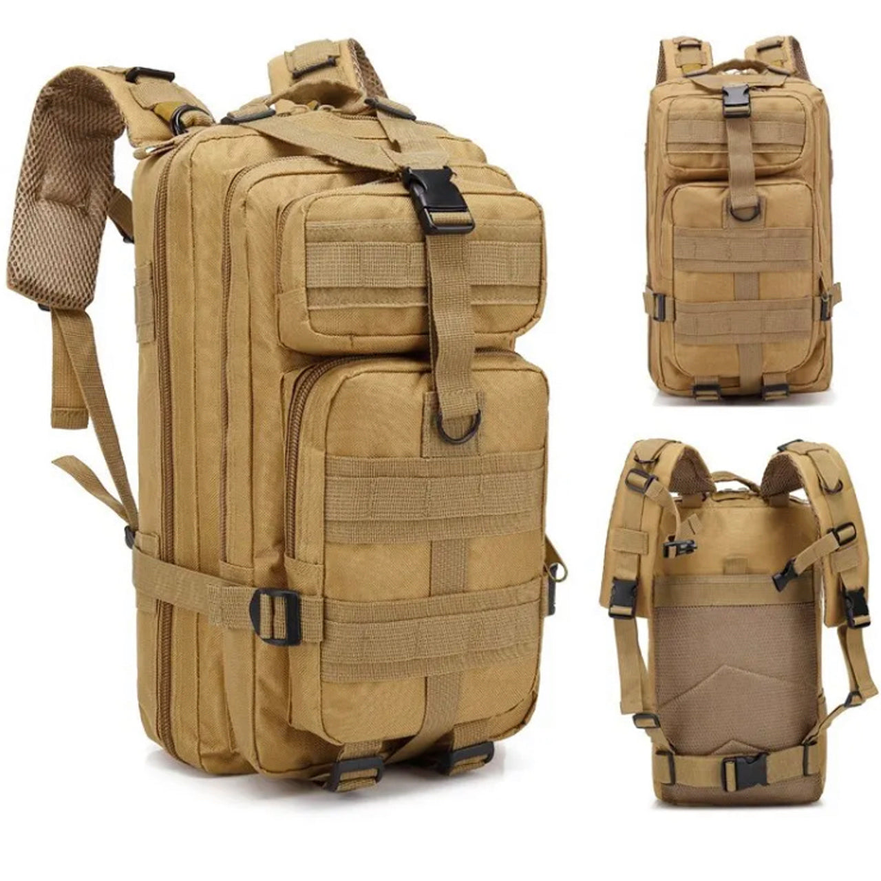 Discover the boundless capacity of the Tactical Daypack 30LT! Boasting 4 generous compartments and a MOLLE grid for expanding with pouches and gear, this pack measures in at an impressive 40x24x20cm! www.moralepatches.com.au khaki different views of pack