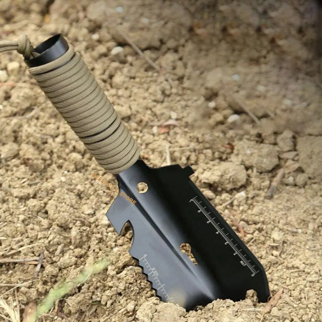 This portable trowel has many features that regular trowels don't have: Shovel Blade, Saw, Ruler, Nail Extractor, Hex Wrench, Paracord. This shovel is made of stainless steel. Extremely durable, bend resistant, and has a lot of levering power. The blade is rust and scratch resistant, stays razor sharp and you can wash it easily. www.moralepatches.com.au