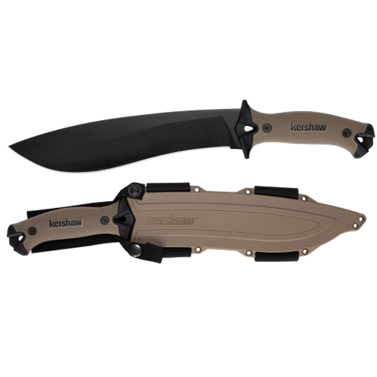 The popular Kershaw Camp 10 machete has been widely praised for both value and durability. The black-and-tan color scheme was inspired by a Camp 10 that was put to work and got all dusty in the process. www.moralepatches.com.au