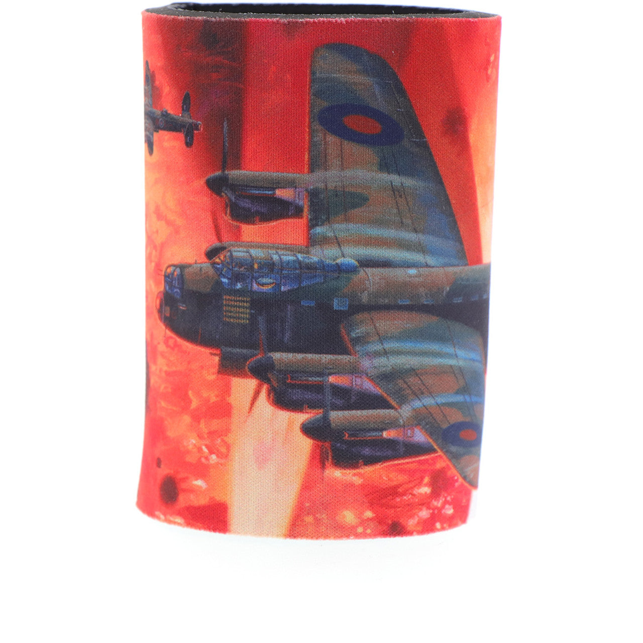 The cooler showcases Harrison's artwork "Into the Cauldron" and a schematic of the Lancaster Bomber on its base. Made from durable neoprene, this cooler is perfect for keeping your drinks cold. With its striking artwork depicting the Lancaster Bomber during an operation with Bomber Command, it is sure to make your mornings more enjoyable. www.moralepatches.com.au