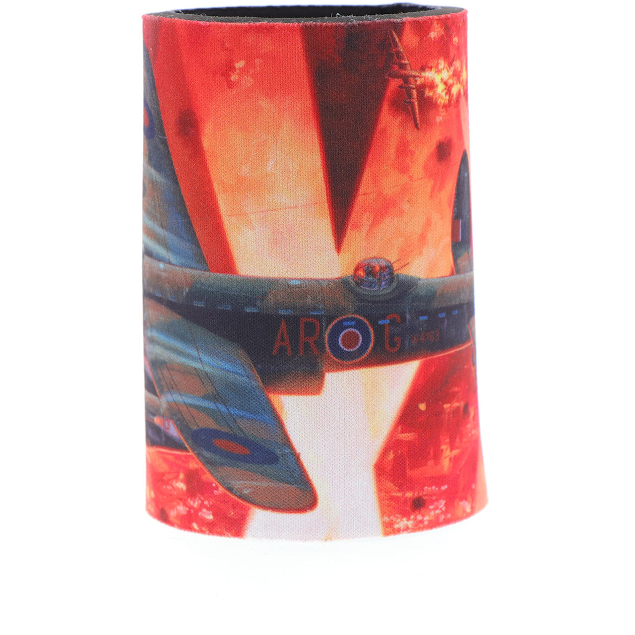 The cooler showcases Harrison's artwork "Into the Cauldron" and a schematic of the Lancaster Bomber on its base. Made from durable neoprene, this cooler is perfect for keeping your drinks cold. With its striking artwork depicting the Lancaster Bomber during an operation with Bomber Command, it is sure to make your mornings more enjoyable. www.moralepatches.com.au