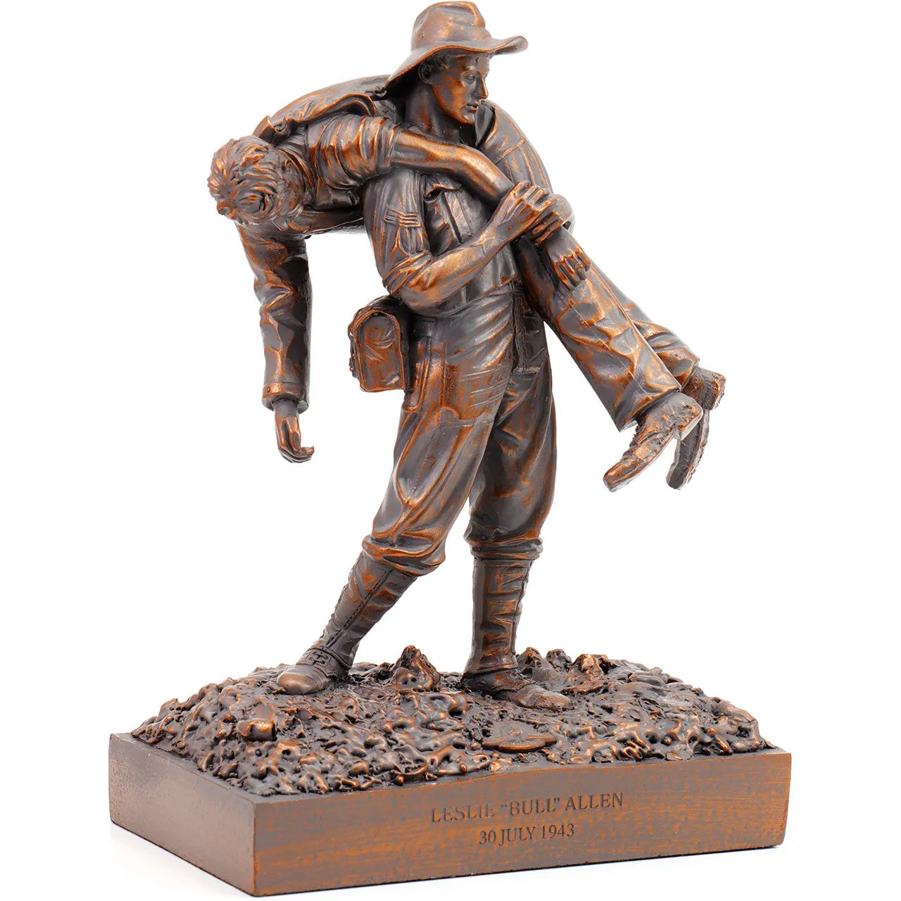 Introducing the Leslie Bull Allen Spirit of Mateship Figurine, a remarkable tribute to an extraordinary act of valor and camaraderie. Crafted with precision from cold cast bronze, this figurine immortalizes a defining moment in history. www.moralepatches.com.au