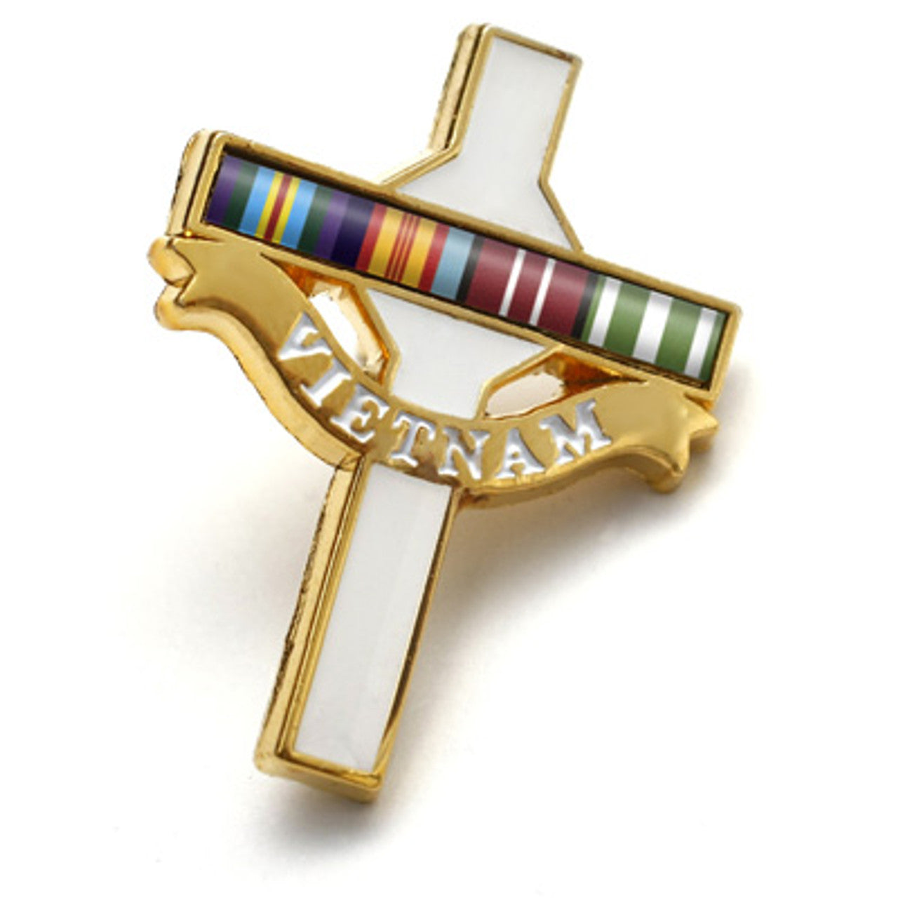 The beautiful Long Tan Cross Lapel Pin On Card from the military specialists. This lapel pin depicts the cross at Long Tan. The gold-plated lapel pin is finished with white enamel and features a full-colour printed insert depicting the ribbons of the Australian Active Service Medal 45-75, the Vietnam Medal and the Vietnamese Campaign Medal. The lapel pin is 27mm high x 22mm wide and is supplied on a presentation card. www.moralepatches.com.au