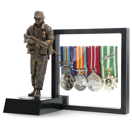 The uniform and equipment worn by this infantryman is representative of Australian servicemen during the conflict in Vietnam. The floppy design of his bush hat, or 'giggle hat', was intended to break up the outline of the head, helping to camouflage the wearer, as well as providing protection from the elements. www.moralepatches.com.au