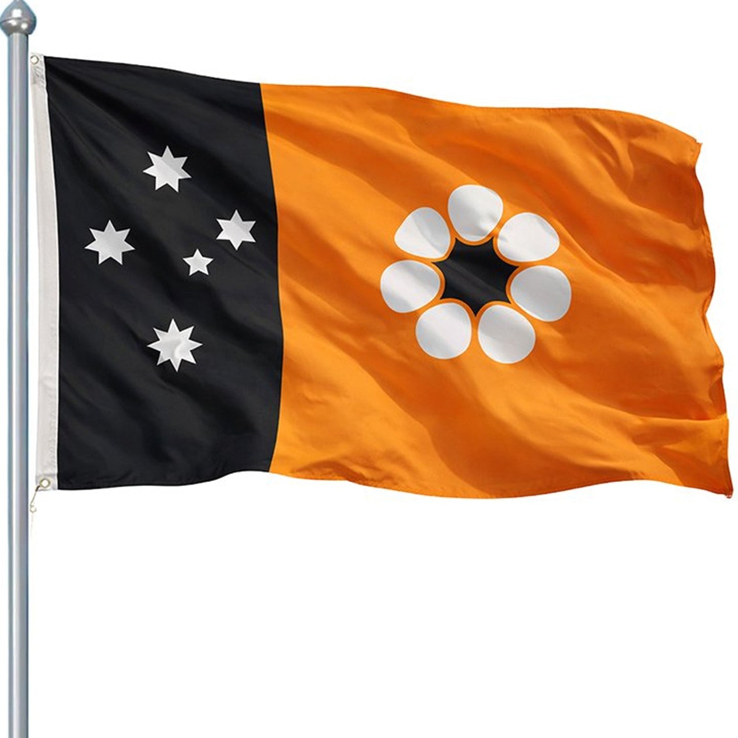 Adopted after self governance was granted on July 1st 1978, this flag consists of the Territorian colours of red, white and ochre. The Southern Cross appears as five white panels stars on a black panel at the hoist, while ochre fills the remainder of the flag. Set on the ochre backdrop in the fly is a Sturts Desert rose www.moralepatches.com.au