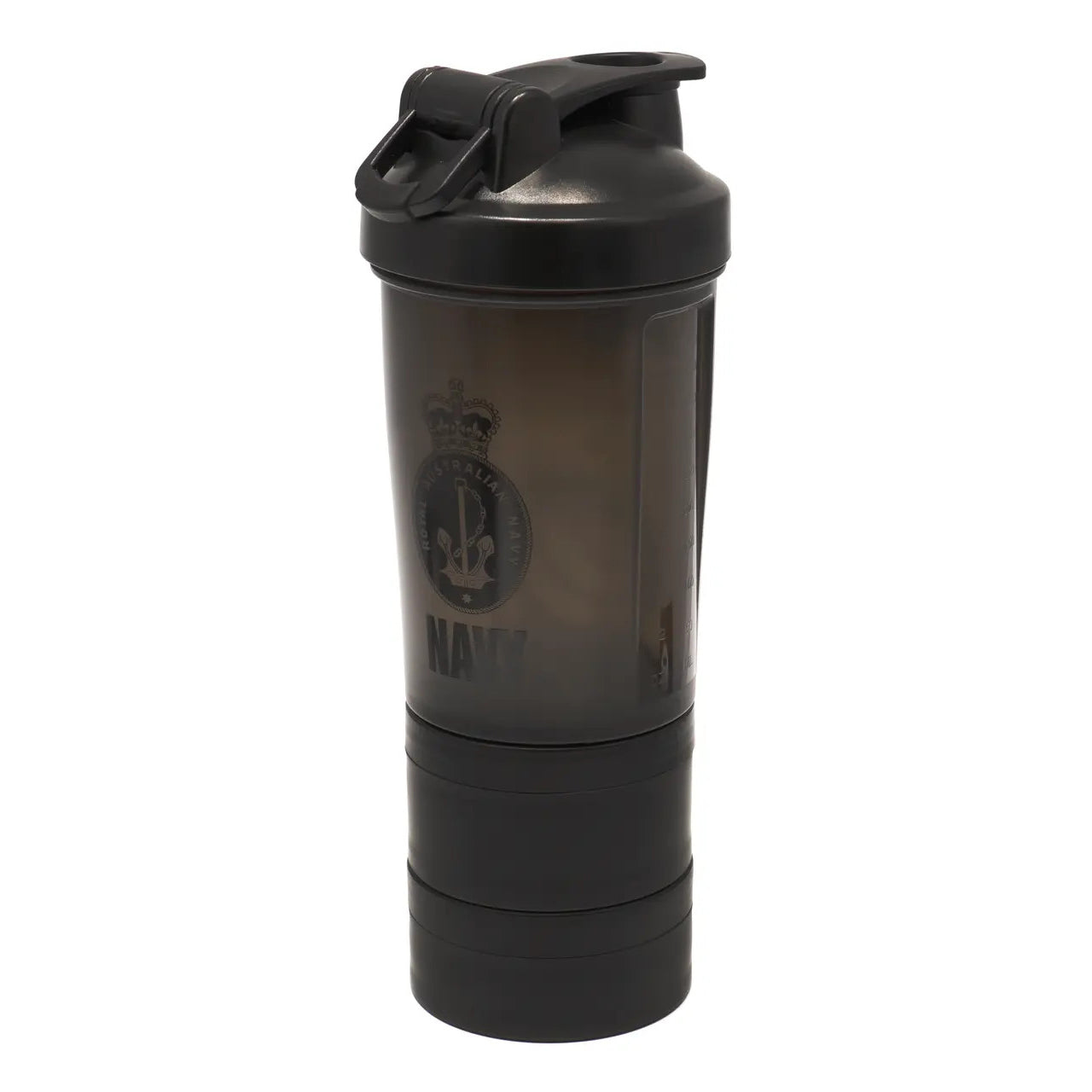 Introducing the Navy Protein Shaker - a versatile and leak proof solution that combines a shaker with a storage compartment. Mix your shakes on the go and enjoy a smooth and precise blend every time, thanks to the included whisk ball and convenient measurement guide. www.moralepatches.com.au