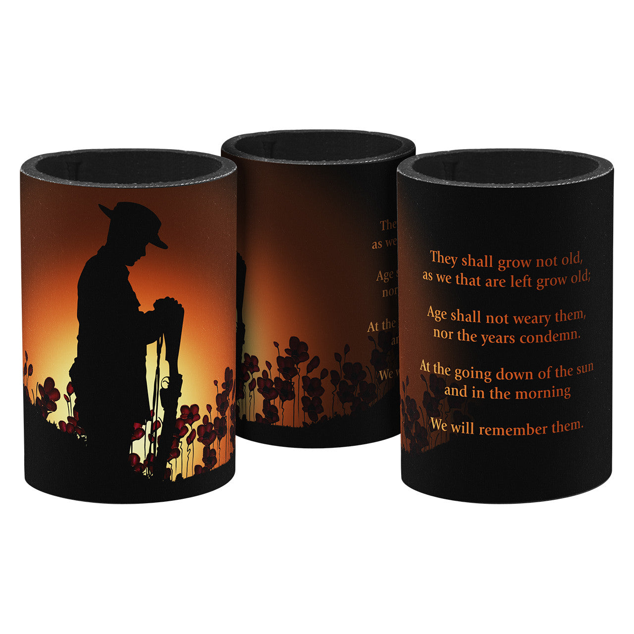 Introducing the Ode of Remembrance Drink Cooler, a truly captivating and poignant addition to your collection. This beautifully designed drink cooler features a silhouette soldier standing at reversed arms in a field of poppies, with the Ode of Remembrance inscribed on it. www.moralepatches.com.au