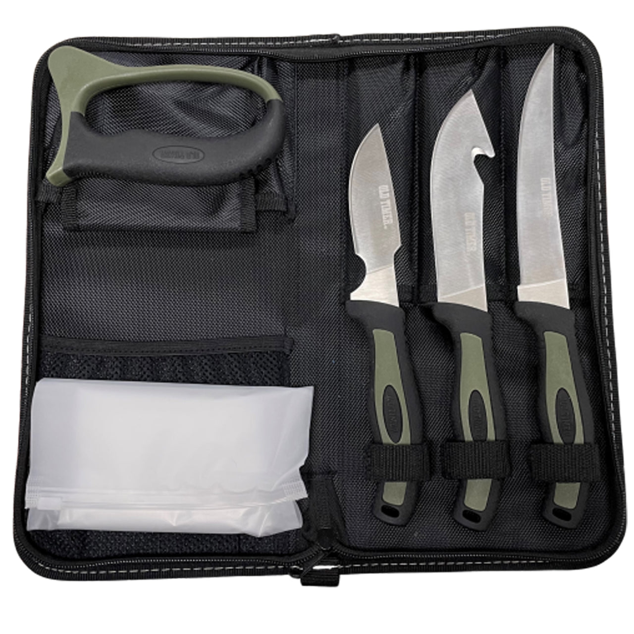 Old Timer Field Dressing Kit has the necessary tools a hunter needs to throw in his pack and process game in the field in one convenient location. Each knife is designed with a comfort grip rubber handle and an included sharpener for repeated use. www.moralepatches.com.au