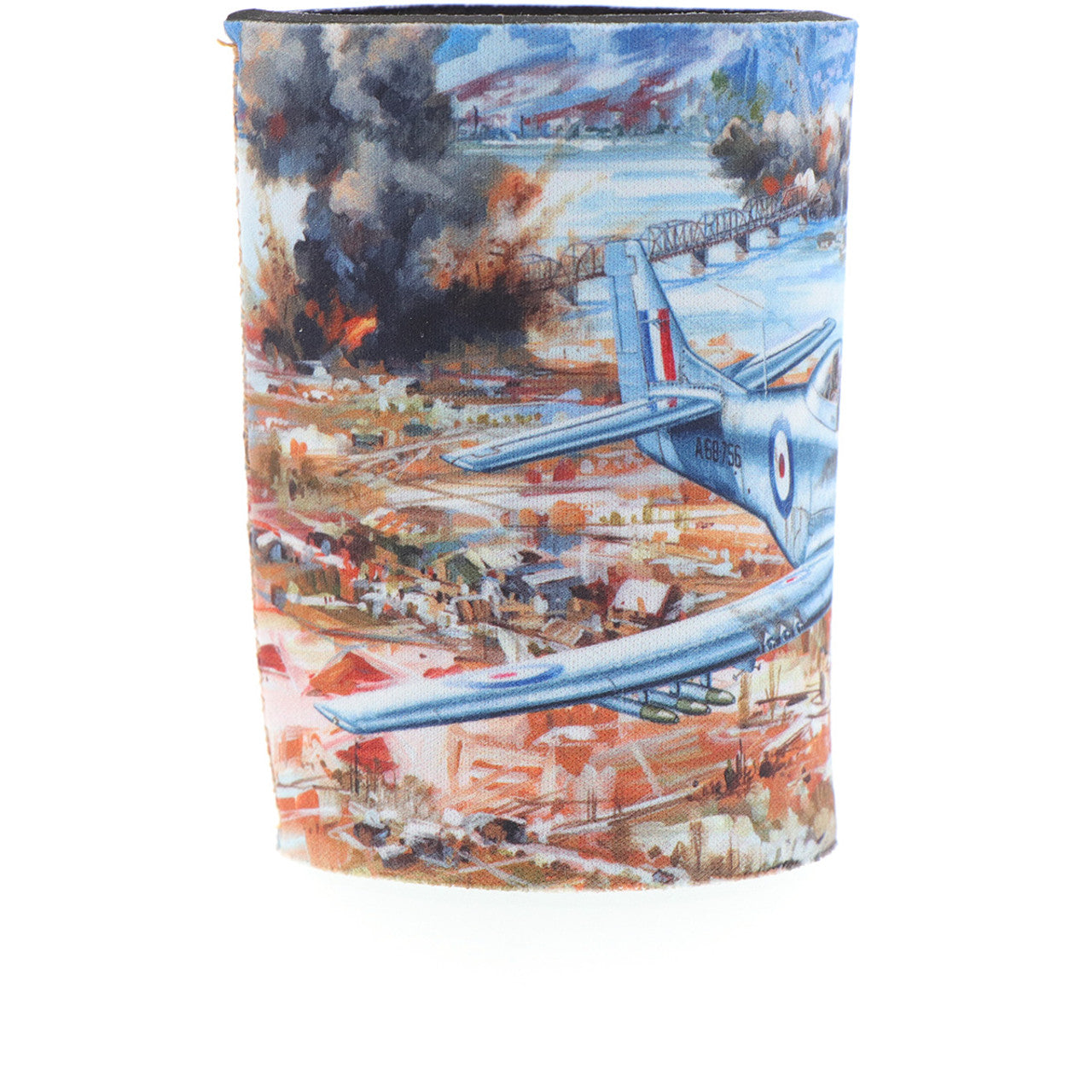 With a beautiful depiction of P-51D Mustangs of 77 Squadron titled "Cutting the Lines" and a schematic of the aircraft in the base, this eye-catching cooler is perfect for keeping your drinks cold. Limited to only 1000 worldwide, it is a rare find that is sure to impress. Made from durable neoprene, this cooler captures the aircraft perfectly with schematics and limited edition details inside. www.moralepatches.com.au