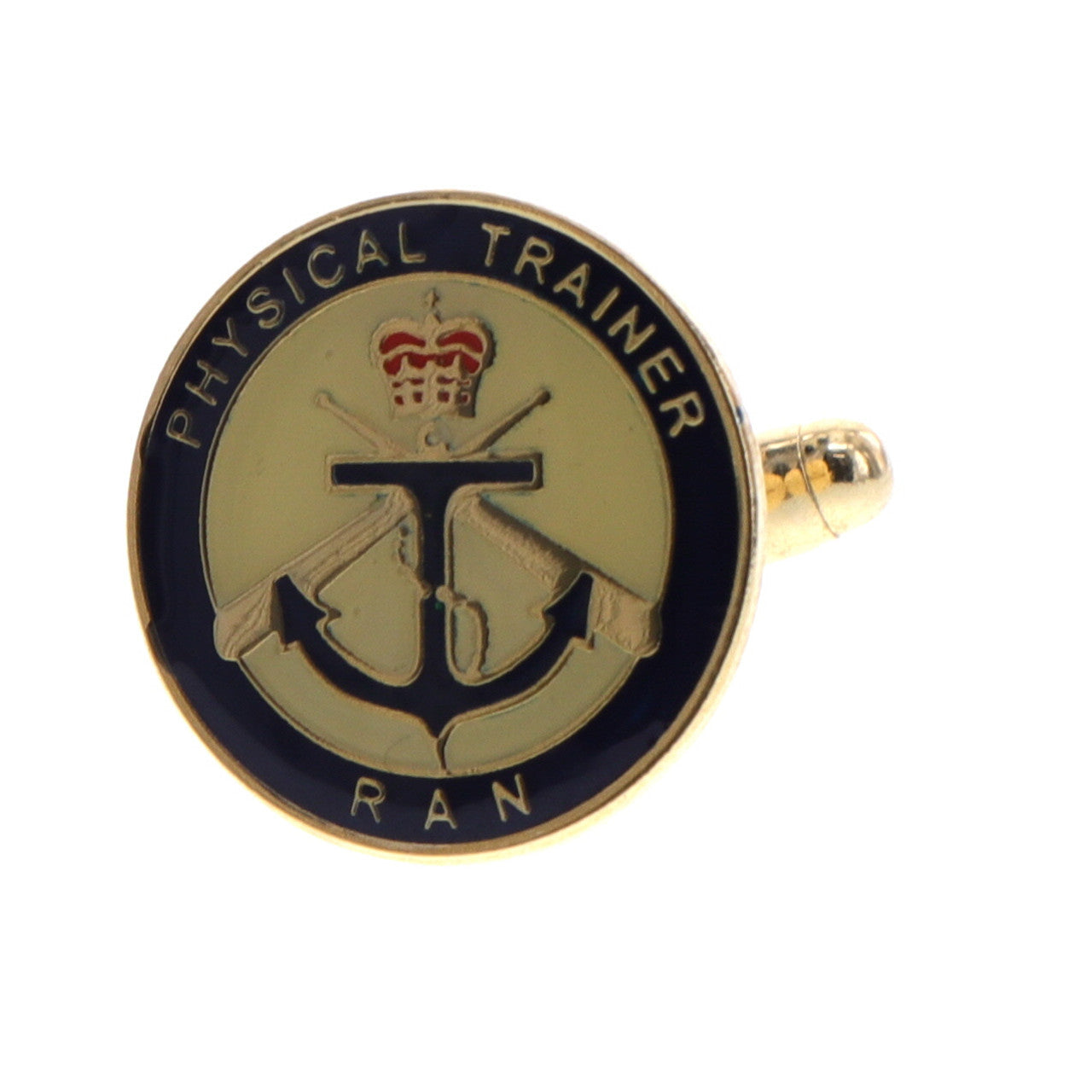 Order the high-quality Physical Trainer Uniform Cuff Link from the military specialists. This gold-plated cuff link features the RAN Crest and the words 'Physical Trainer' along the top, all in full-colour enamel. Show your pride and professionalism with this stylish accessory. Order your cuff link today. www.moralepatches.com.au