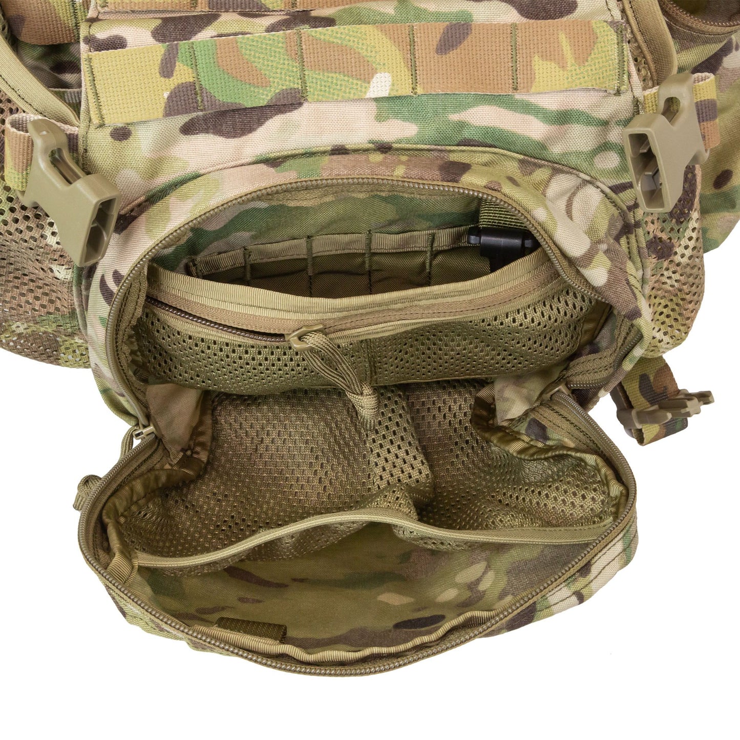 The built-in cradle in front comfortably fits a helmet or can be used as a storage compartment for clothing or other medium-size mission critical necessities. The cradle also features Velcro and non-Velcro MOLLE attachment points in front. www.moralepatches.com.au
