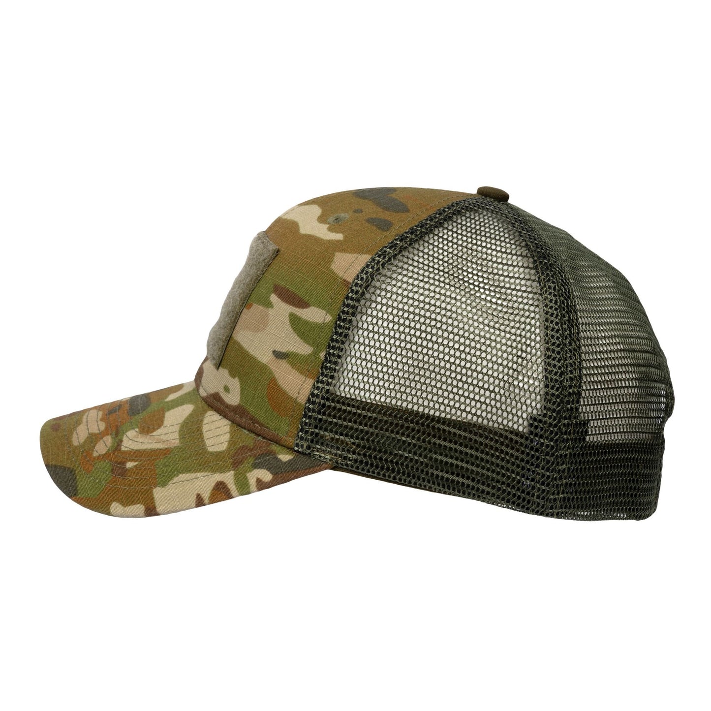 The Mid-Pro Trucker Cap features Genuine TFP 50/50 Nyco Ripstop front crown panels and poly-mesh back panels. The front has a colour-matched 55x75mm Velcro panel for morale patches. Also features a precurved visor, cotton sweatband, adjustable velcro fastener in back, and no button on the top of the cap. www.moralepatches.com.au
