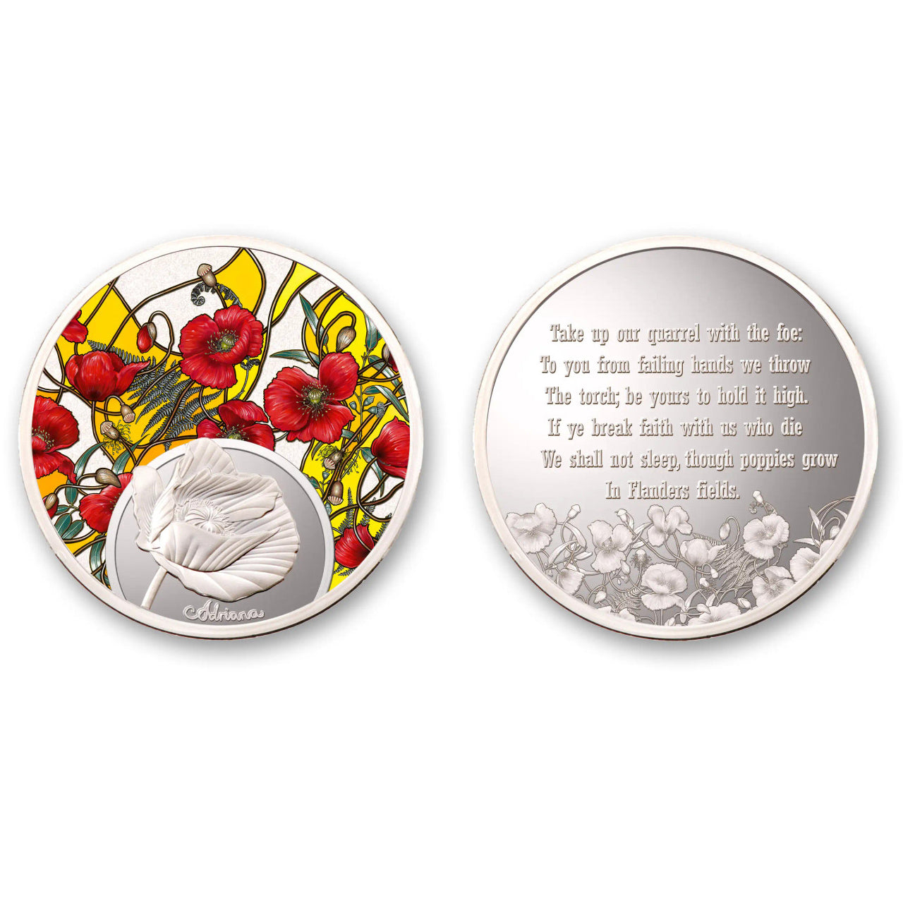 A striking medallion bringing together beautiful commemorative touches with stunning artwork to create a wonderful addition to any collection. Featuring the vibrant poppies from the moving painting by Australian artist Adriana Seserko, this beautiful medallion is a moving addition to any collection. www.moralepatches.com.au