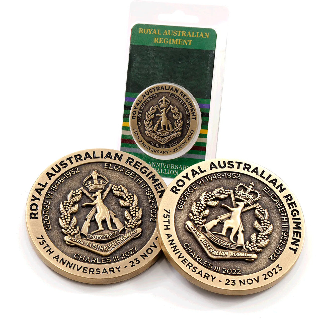 Introducing the 75th Anniversary Royal Australian Regiment Medallion in blister pack - a stunning tribute to a storied history of valour, dedication, and unwavering service. www.moralepatches.com.au