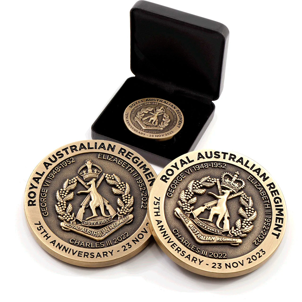 Celebrate 75 years of the Royal Australian Regiment with this exquisite and timeless commemorative medallion. Presented in a leather look gift box, this medallion exudes a sense of prestige and heritage. www.moralepatches.com.au