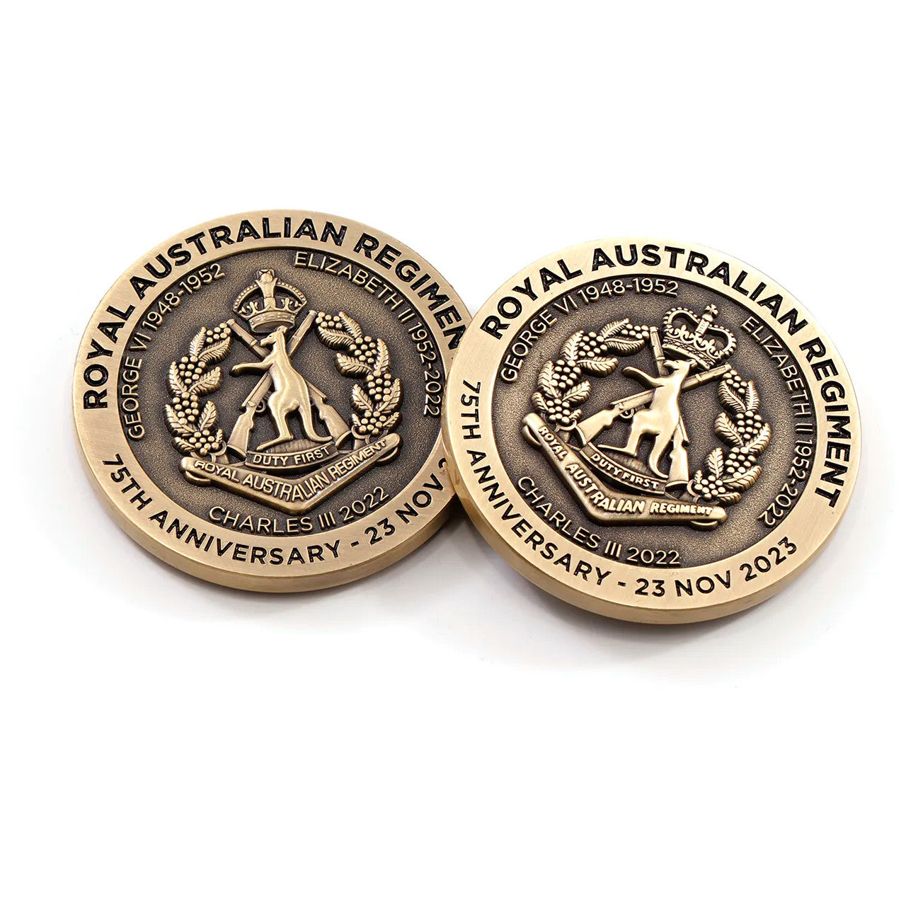 Celebrate 75 years of the Royal Australian Regiment with this exquisite and timeless commemorative medallion. Presented in a leather look gift box, this medallion exudes a sense of prestige and heritage. www.moralepatches.com.au