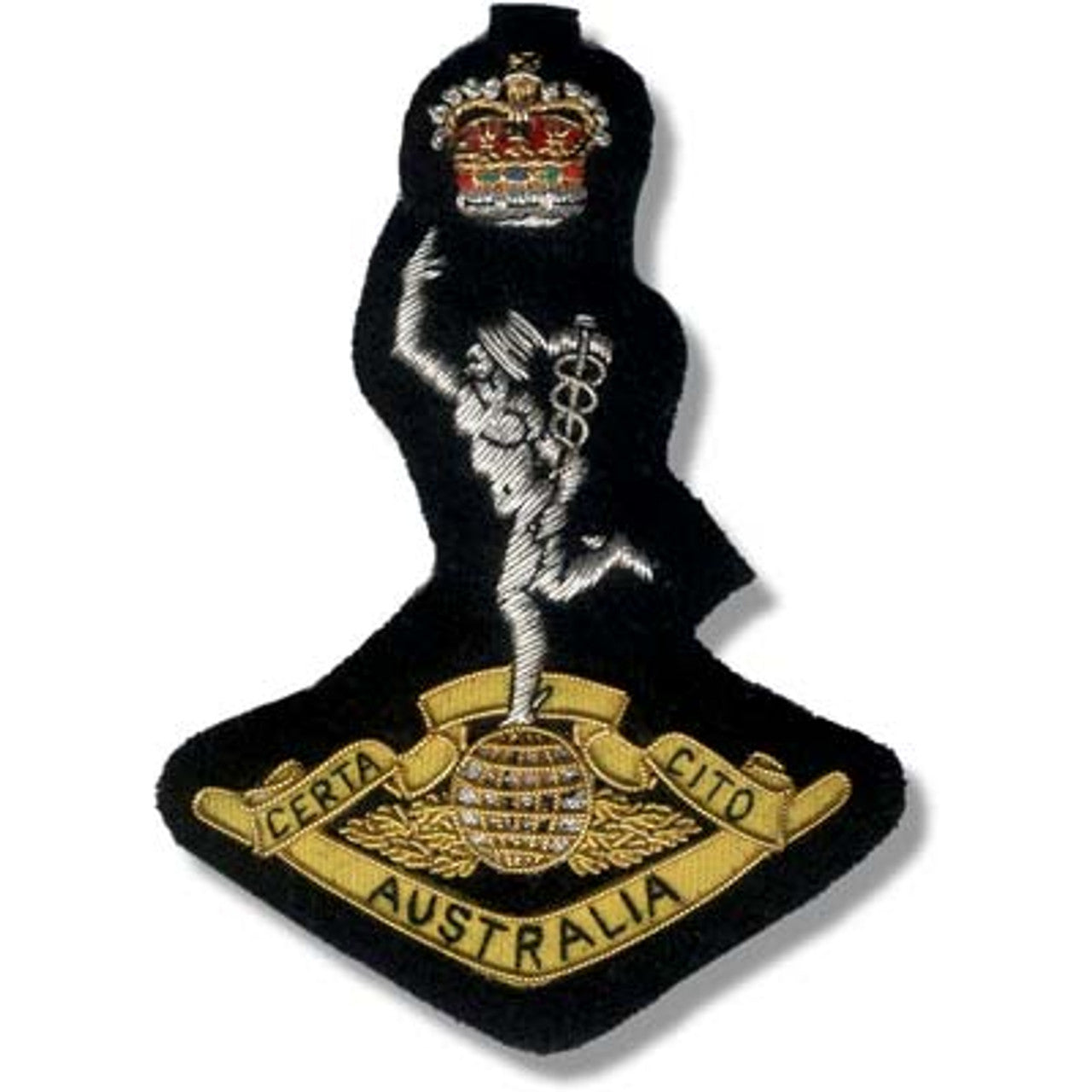 A magnificent RASigs Bullion Pocket Badge to add a touch of extravagance to your Blazer, purse, or whatever you'd like! Approximately 80x80mm in size, this badge is sure to impress, and firmly secured by three butterfly clips on the back. www.moralepatches.com.au