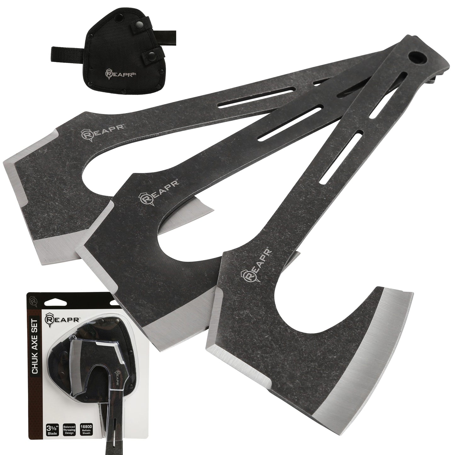 Find your perfect set of throwers in the Chuk 3 Piece Axe Set. Lightweight and ready to fly, the 3-5/8” stonewashed finished blade is perfectly balanced. These Axes are a great recreational tool for camping, parties, barbecues and more. www.moralepatches.com.au
