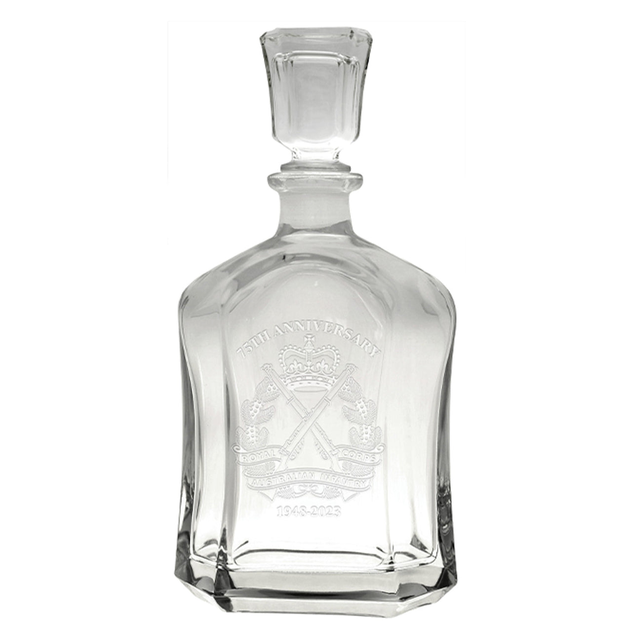 Bring your dining experience to life with the Rainf 75th Company Italian Glass Decanter. This elegant, 750ml decanter proudly displays the company crest, etched with precision onto the sleek glass surface. www.moralepatches.com.au