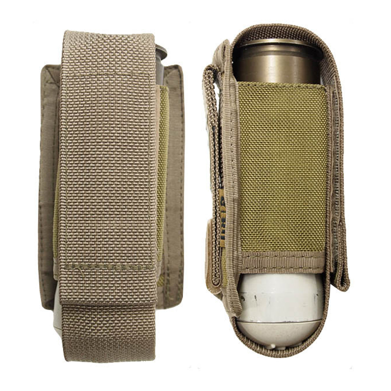 Holds a single 40mm Illumination round in a protective nylon sleeve. The round is held in via a Velcro flap that also acts as a "self serve" pull tab. 'Horizontal' refers to the way the the pouch is mounted - sideways with the round seated vertically. Approved for use my Australian Defence Force NSN 8465-66-155-9146 www.moralepatches.com.au