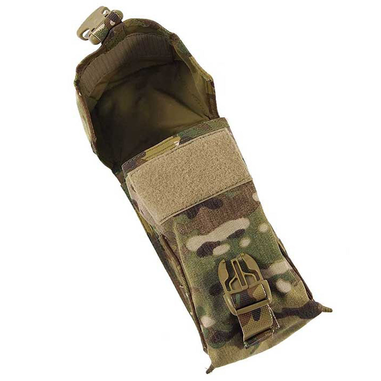 This pouch is large enough to hold a one litre water bottle with it's cups canteen attached. Closes with a single Fastex clip backed up by a Velcro patch to securely hold any items in place. Drainage grommet at bottom for water operations. Requires three MOLLE columns for attachment. DIMENSIONS (CM)= W-11, H-22, D-10 NSN 8465-66-158-4547 www.moralepatches.com.au