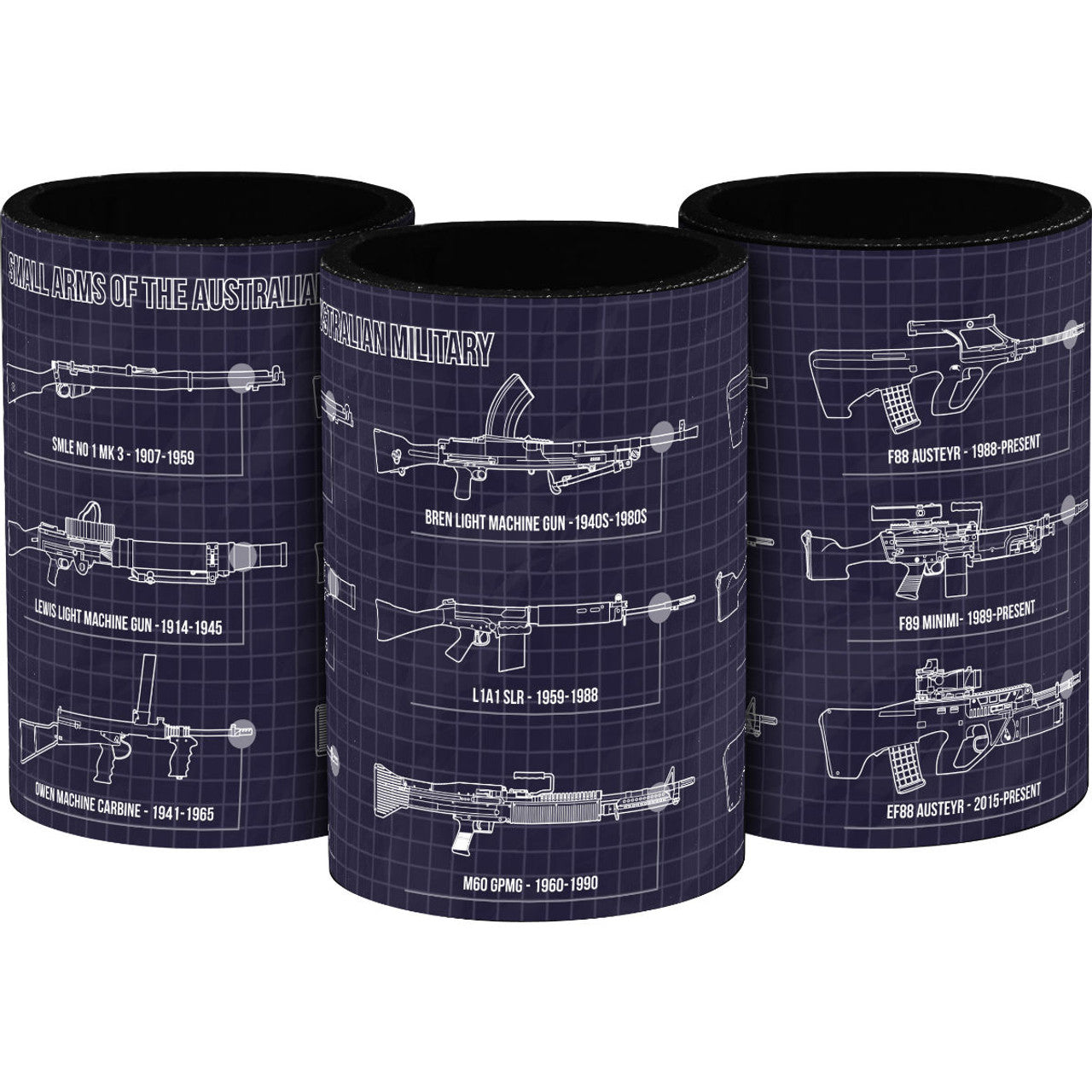 This drink cooler depicts schematics for nine iconic weapons that have seen service with the Australian military. It shows the SMLE No.1 Mk III, Bren Light Machine Gun, F88 Austeyr, Lewis Light Machine Gun, L1A1 Self Loading Rifle, F89 Minimi, Owen Machine Carbine, M60 GPMG and EF88 Austeyr. www.moralepatches.com.au