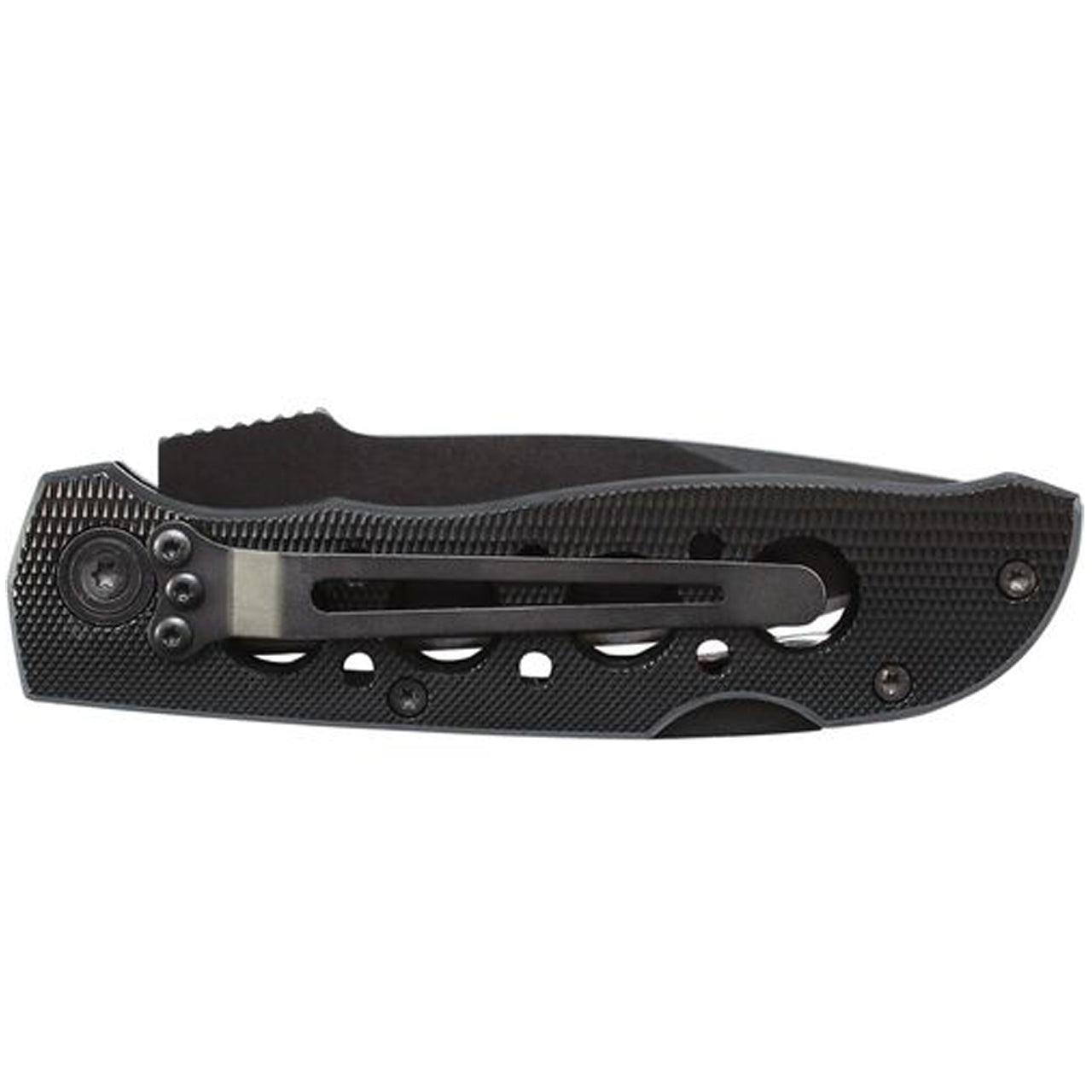 This Smith & Wesson® Extreme Ops Liner Lock Drop Point Folding Knife features a black stainless-steel blade with nail pull and jimping and a black textured aluminum handle. The knife includes a pocket clip. www.moralepatches.com.au
